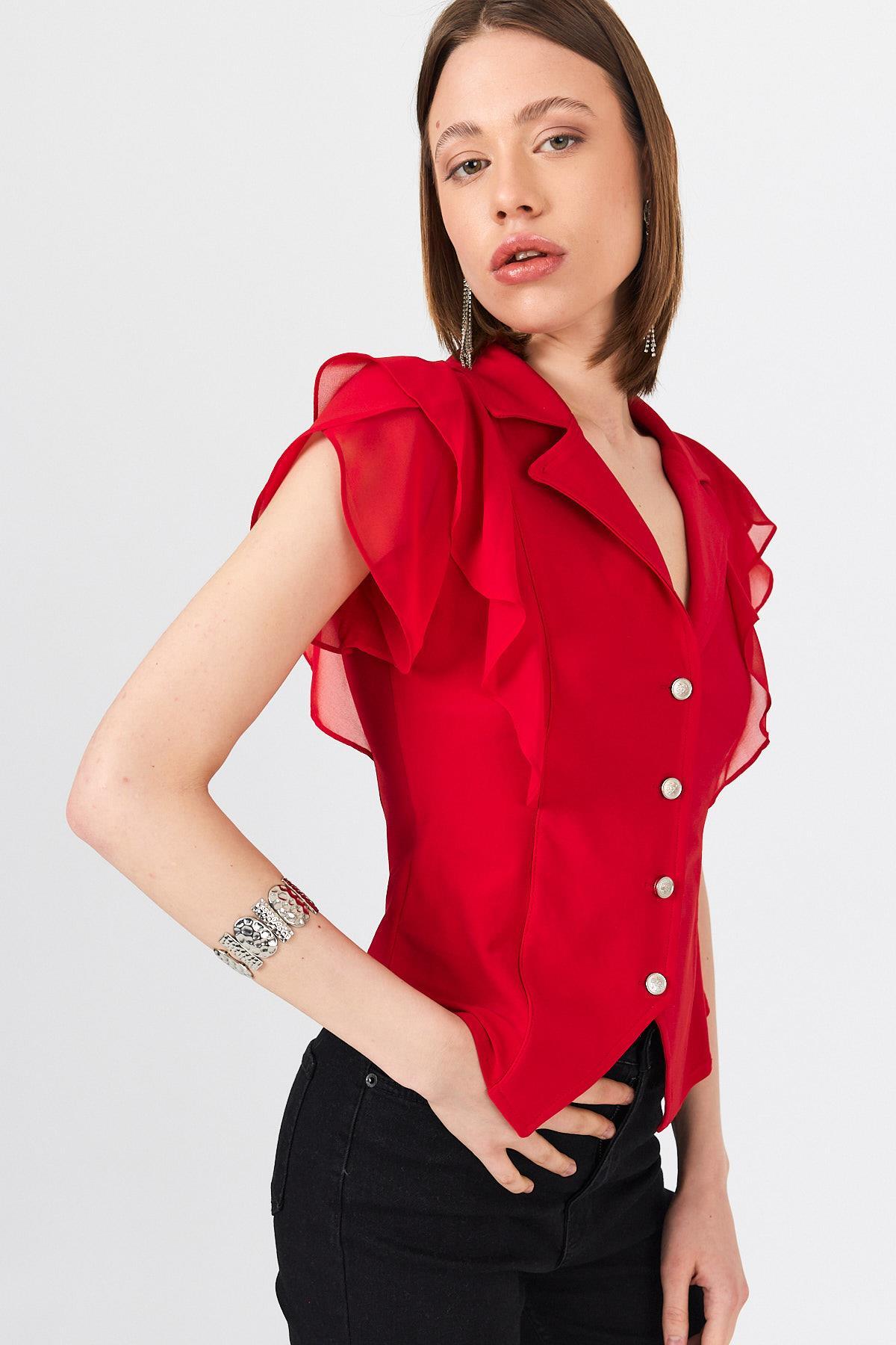 Kırmızı Şifon Kol Detaylı Fırfırlı Düğmeli Bluz 9477 - 6