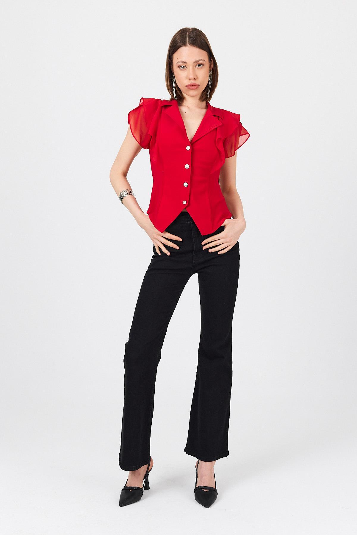 Kırmızı Şifon Kol Detaylı Fırfırlı Düğmeli Bluz 9477 - 7