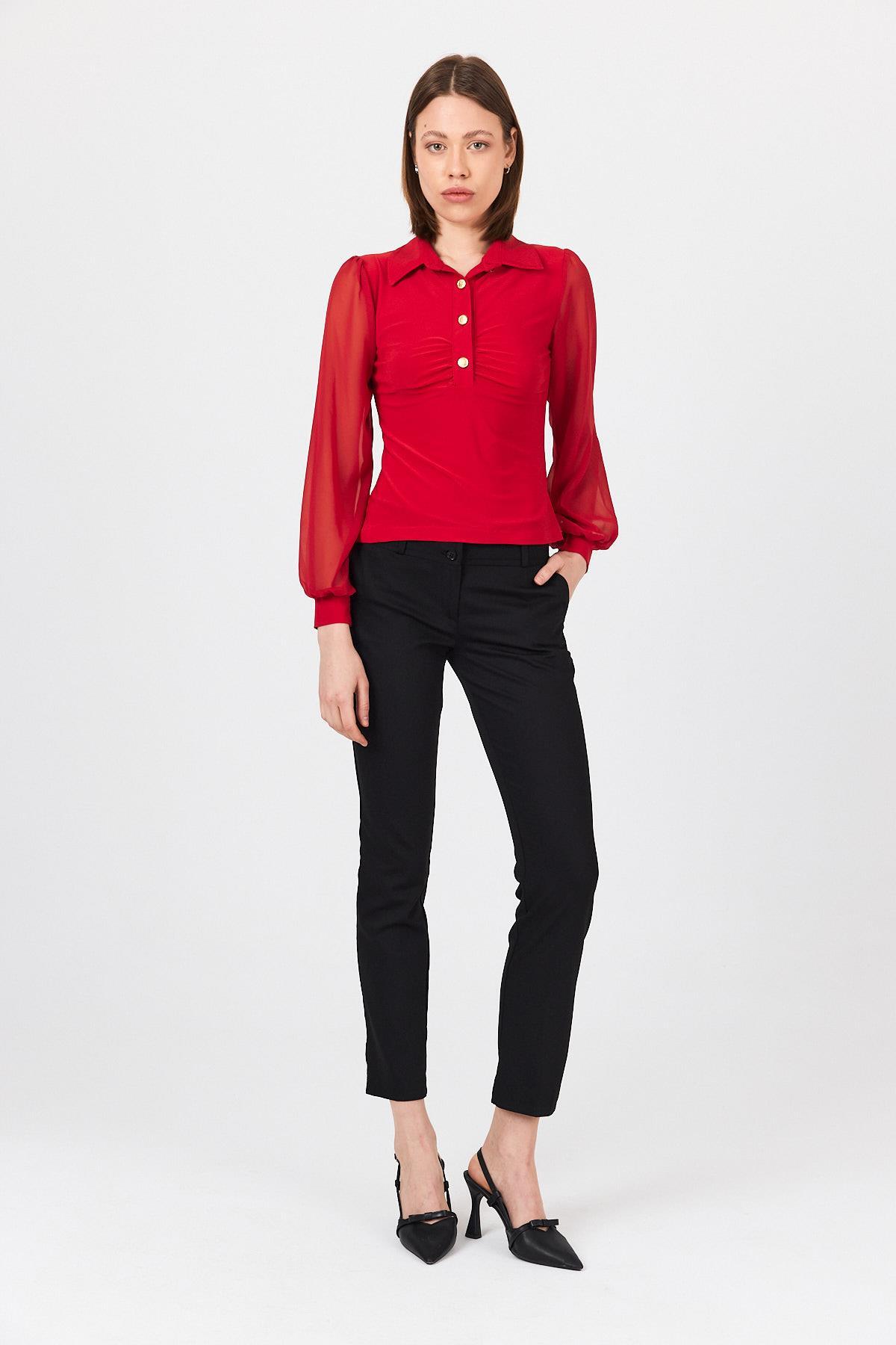 Kırmızı Şifon Kollu Gömlek Yaka Bluz 9478 - RAYS