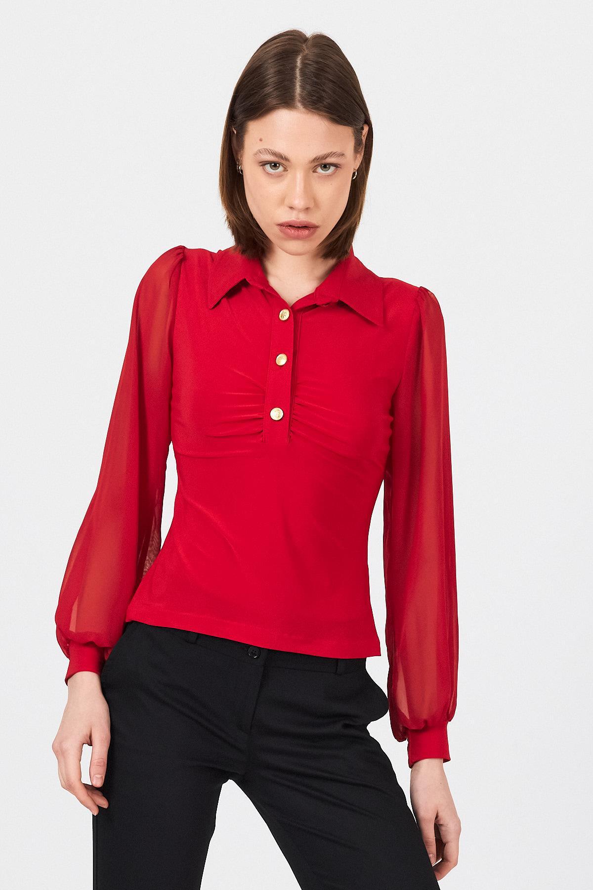 Kırmızı Şifon Kollu Gömlek Yaka Bluz 9478 - RAYS