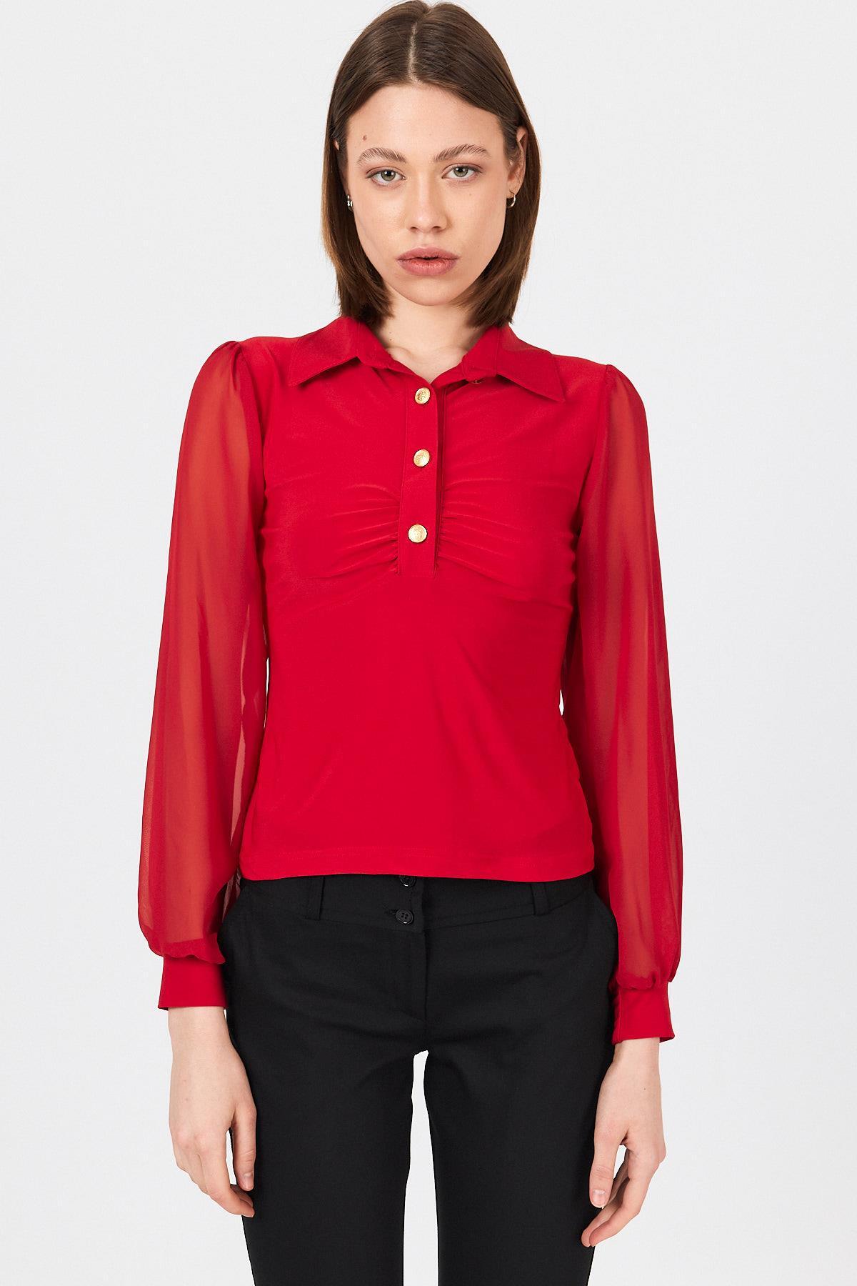 Kırmızı Şifon Kollu Gömlek Yaka Bluz 9478 - RAYS