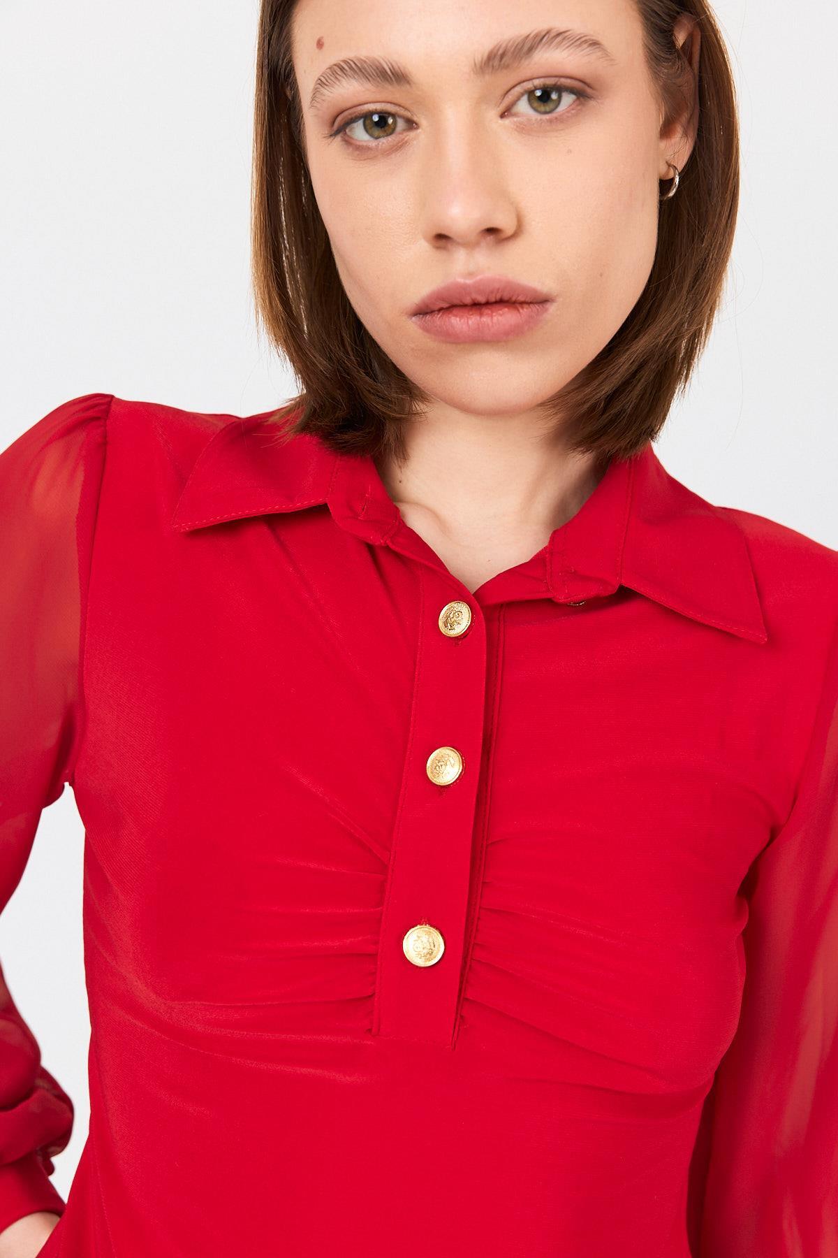 Kırmızı Şifon Kollu Gömlek Yaka Bluz 9478 - RAYS