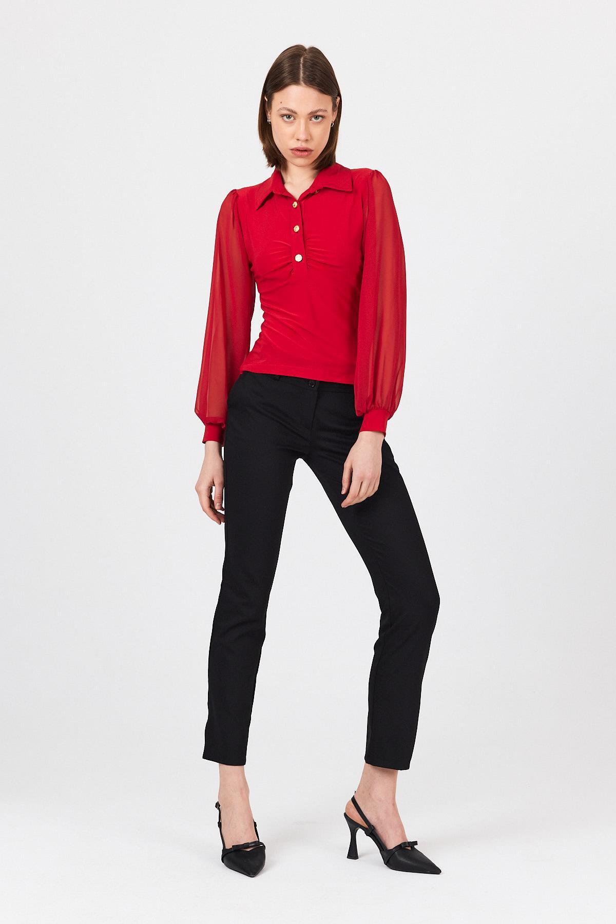 Kırmızı Şifon Kollu Gömlek Yaka Bluz 9478 - 8