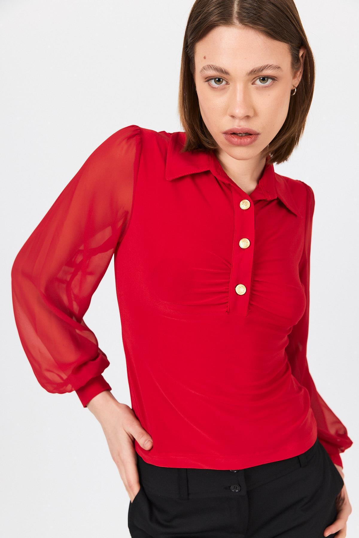 Kırmızı Şifon Kollu Gömlek Yaka Bluz 9478 - 6