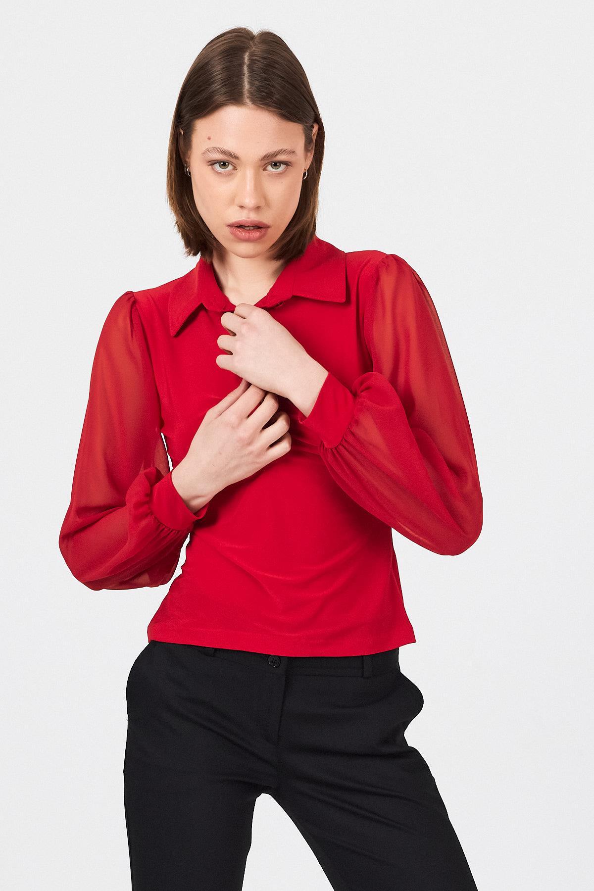 Kırmızı Şifon Kollu Gömlek Yaka Bluz 9478 - 7