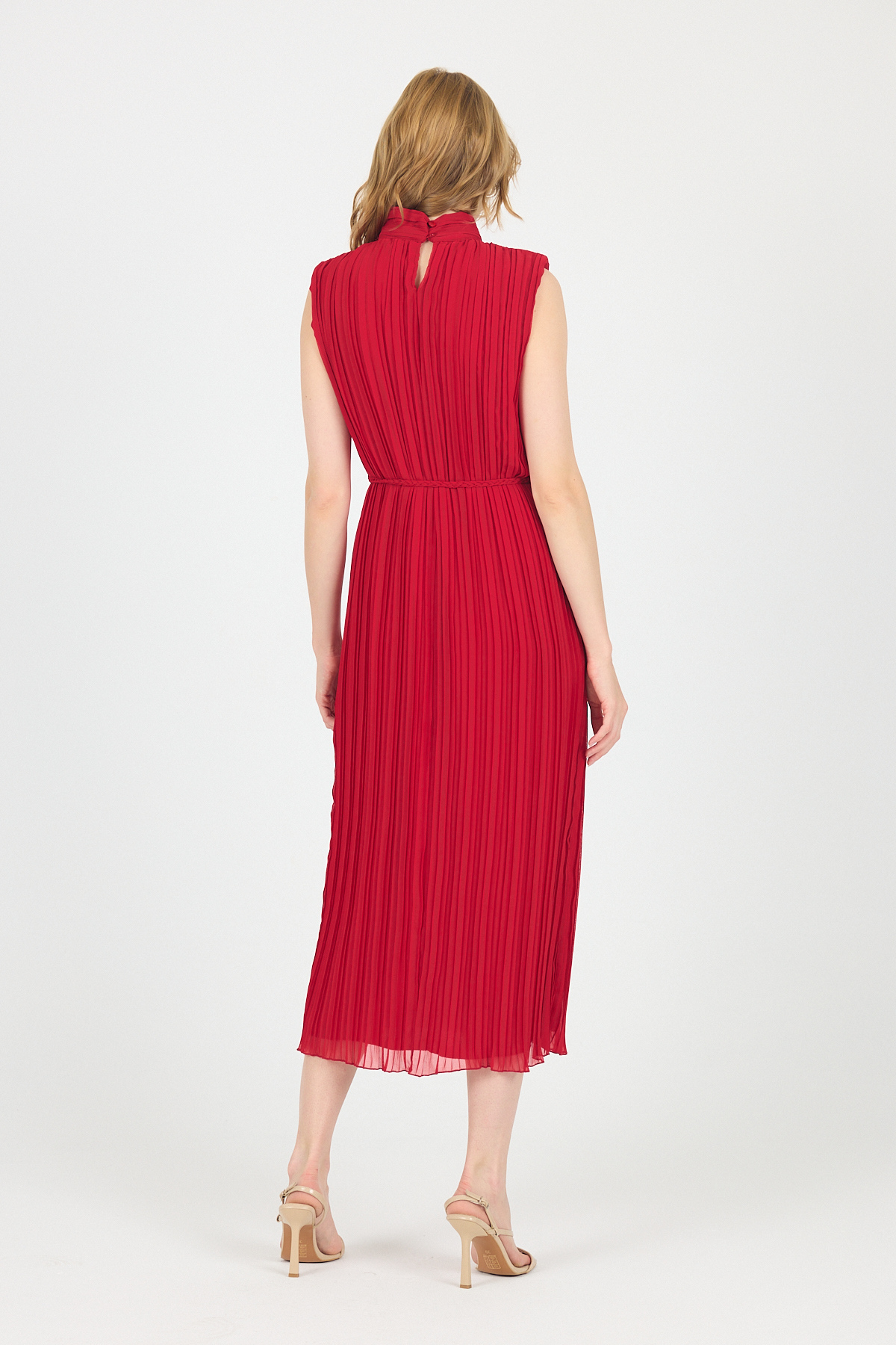 Kırmızı Şifon Kolsuz Pileli Bel Bağlamalı Midi Elbise 118 - 5