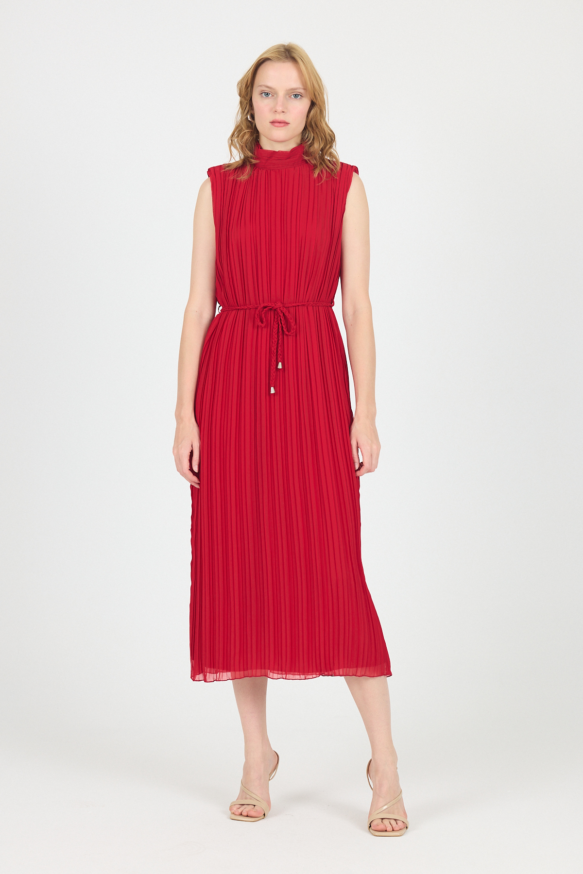 Kırmızı Şifon Kolsuz Pileli Bel Bağlamalı Midi Elbise 118 - 6