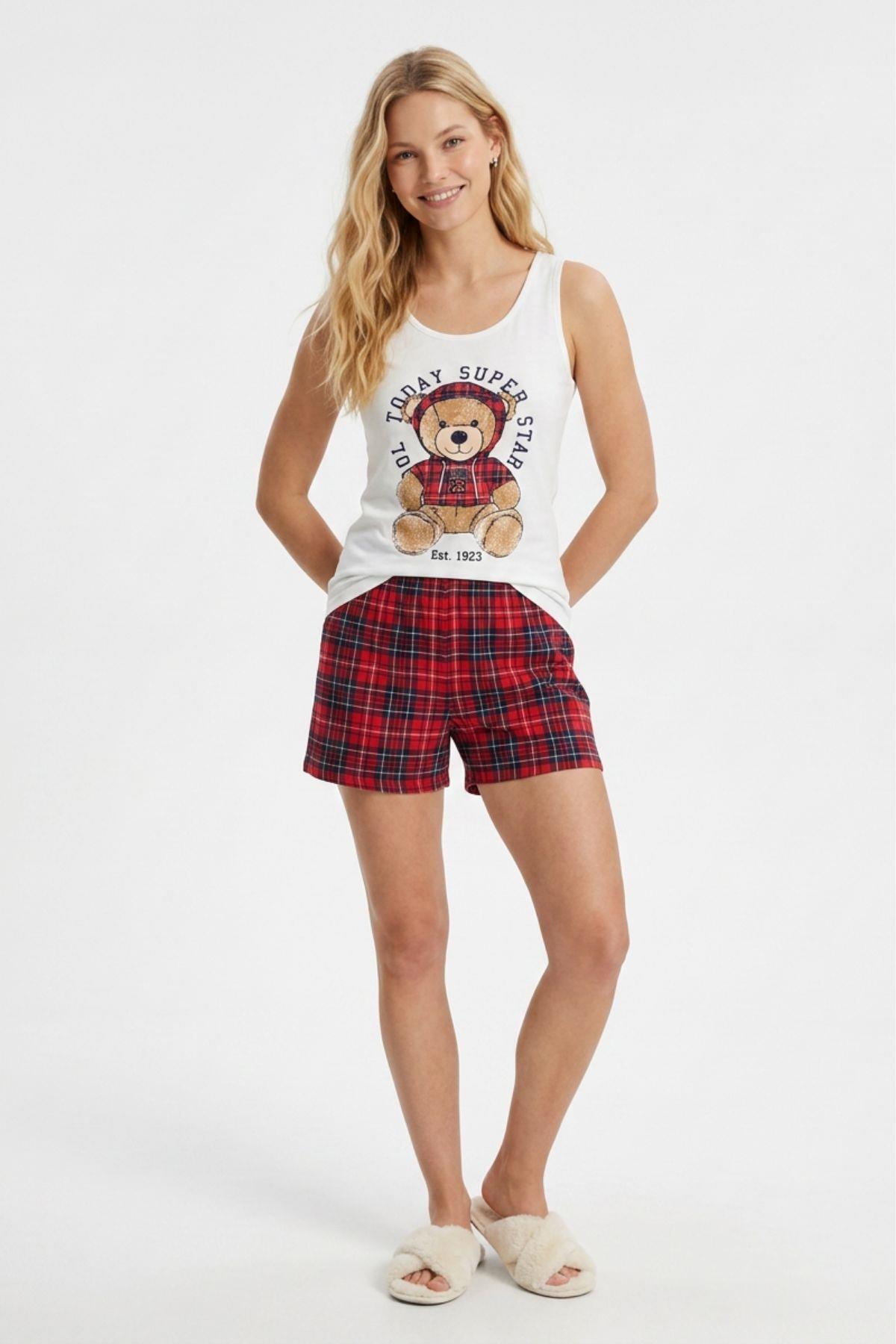 Şortlu Pijama Takımı Ekose Ayıcık Desenli 0418 Kırmızı - RAYS (1)
