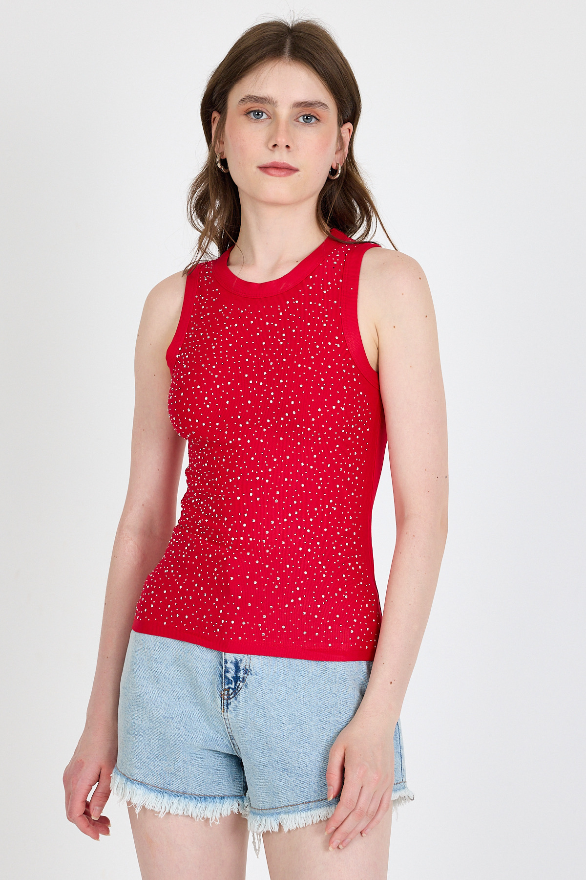 Kırmızı Taş İşleme Detaylı Halter Yaka Örme Atlet 0349 - 2