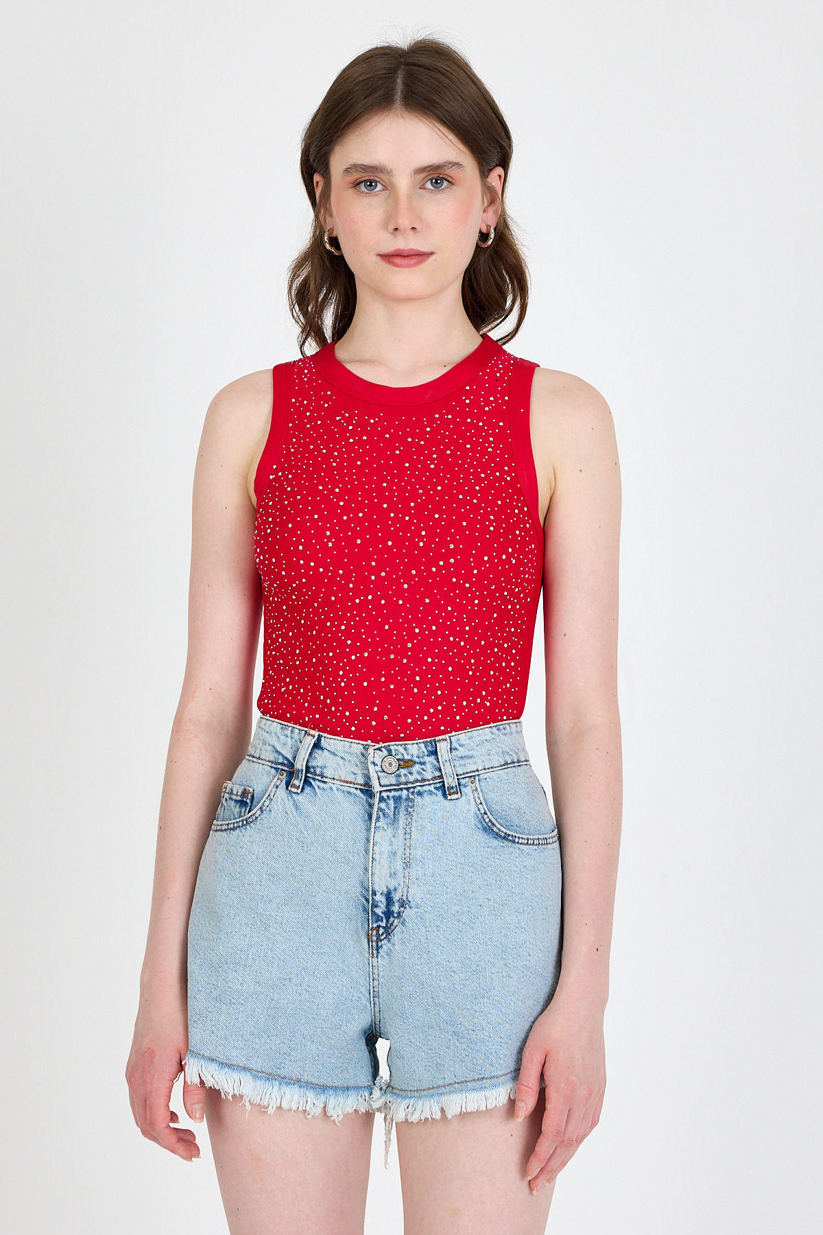 Kırmızı Taş İşleme Detaylı Halter Yaka Örme Atlet 0349 - 1