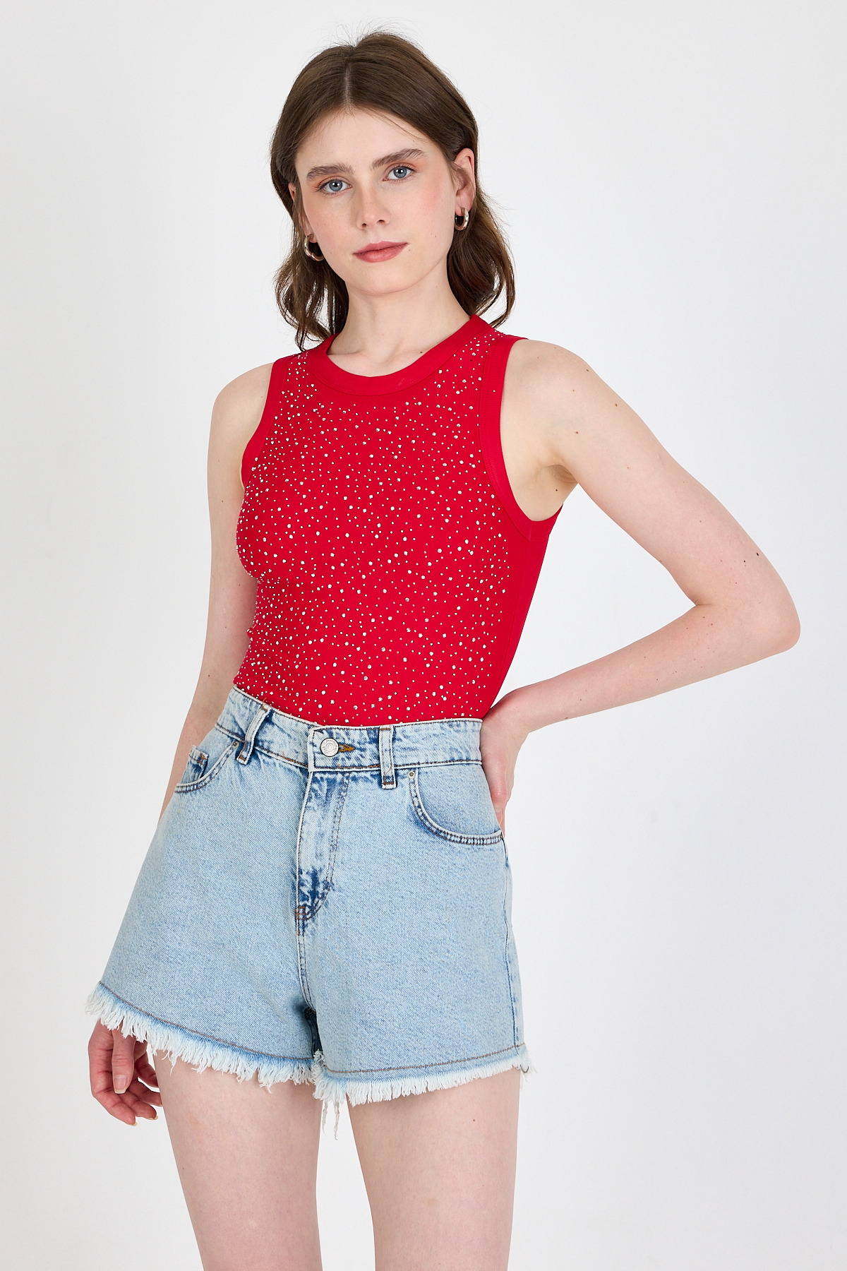 Kırmızı Taş İşleme Detaylı Halter Yaka Örme Atlet 0349 - 3