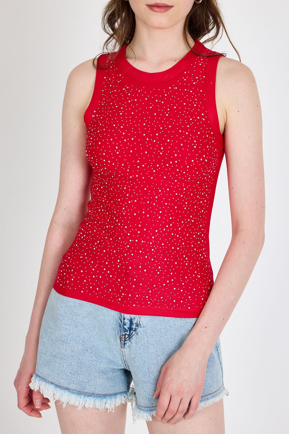 Kırmızı Taş İşleme Detaylı Halter Yaka Örme Atlet 0349 - 4