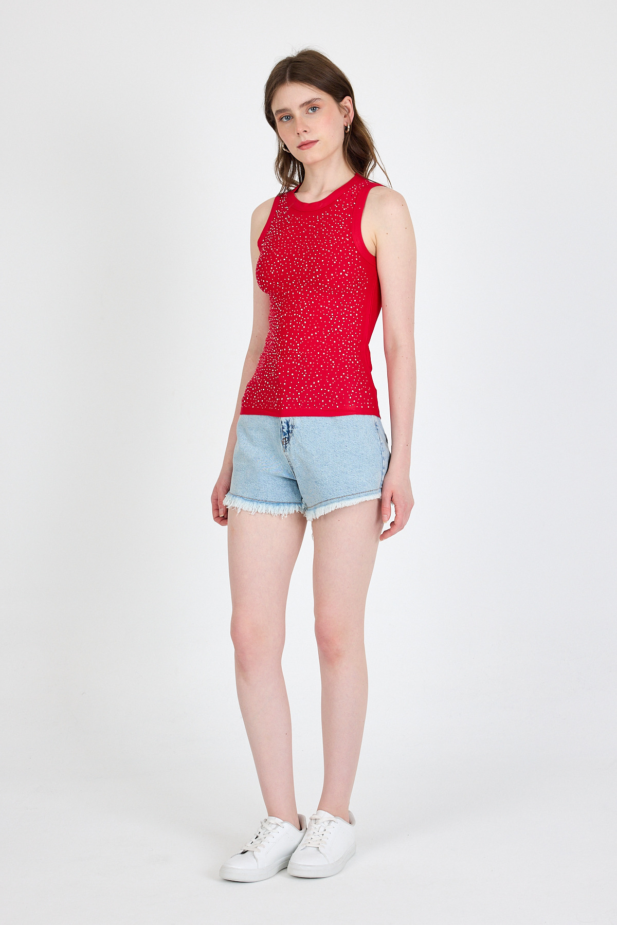 Kırmızı Taş İşleme Detaylı Halter Yaka Örme Atlet 0349 - 6