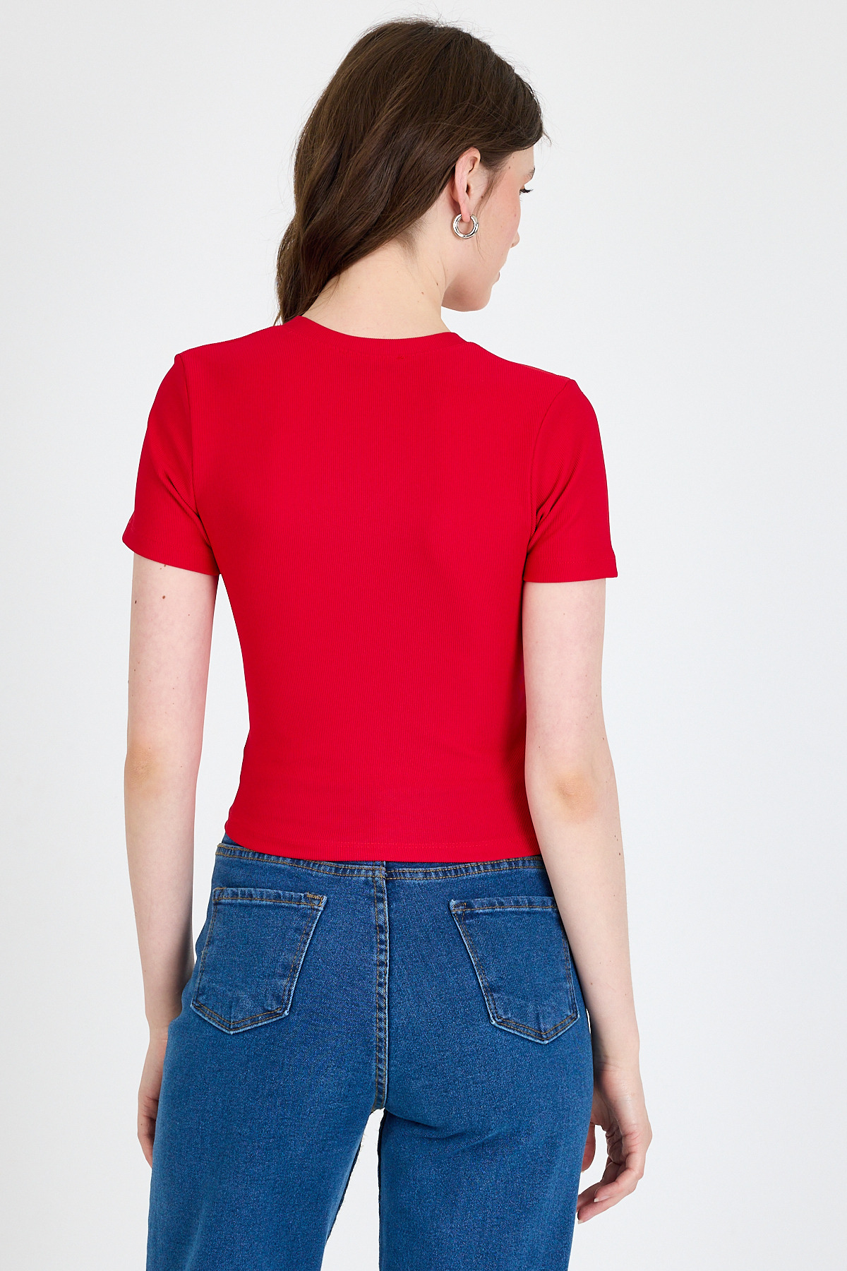 Kırmızı Taş İşleme Detaylı V Yaka Slim Fit Tişört 0949 - 5