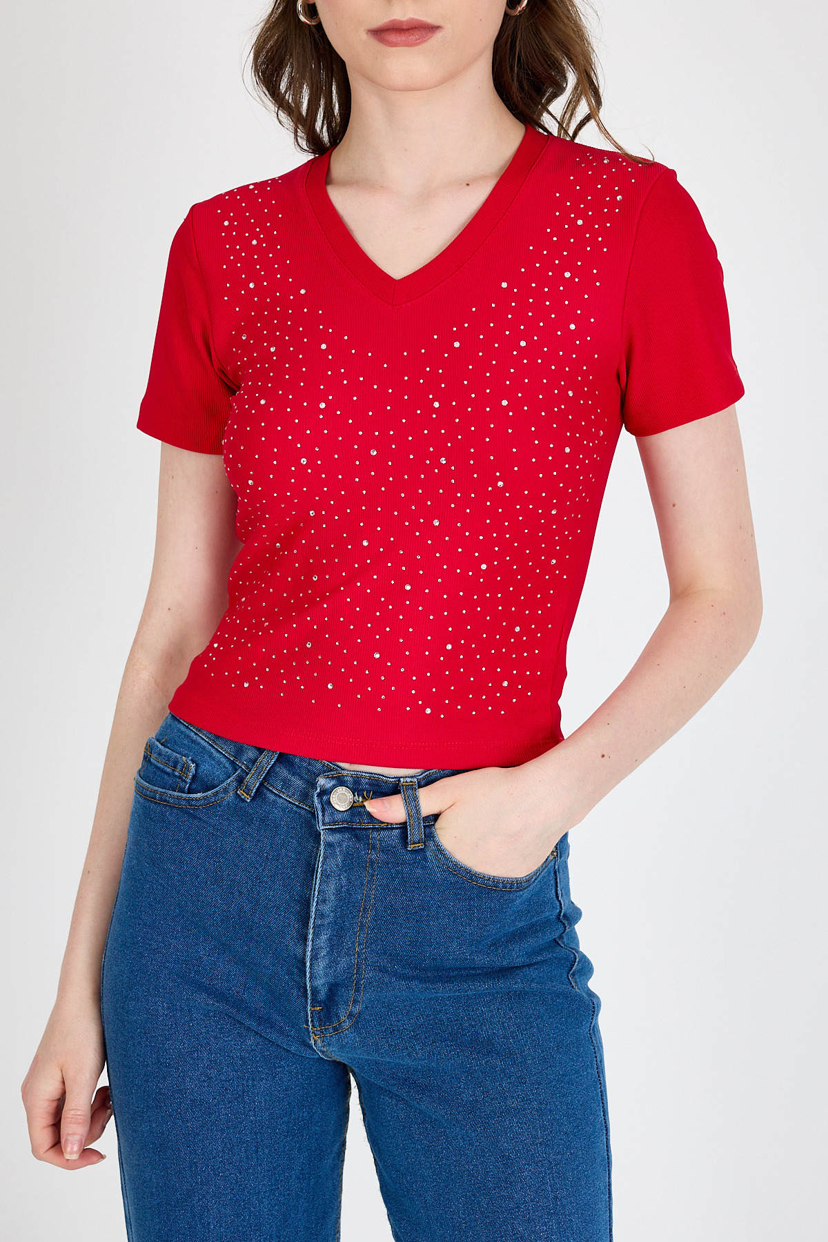 Kırmızı Taş İşleme Detaylı V Yaka Slim Fit Tişört 0949 - 6