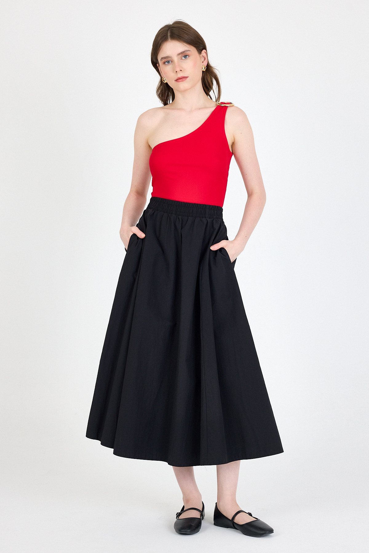 Kırmızı Toka Detaylı Tek Omuz Bluz 1649 - 6