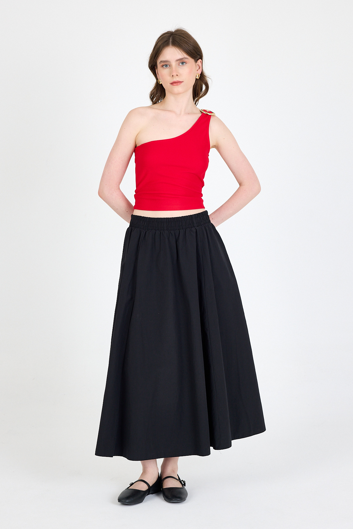 Kırmızı Toka Detaylı Tek Omuz Bluz 1649 - 3