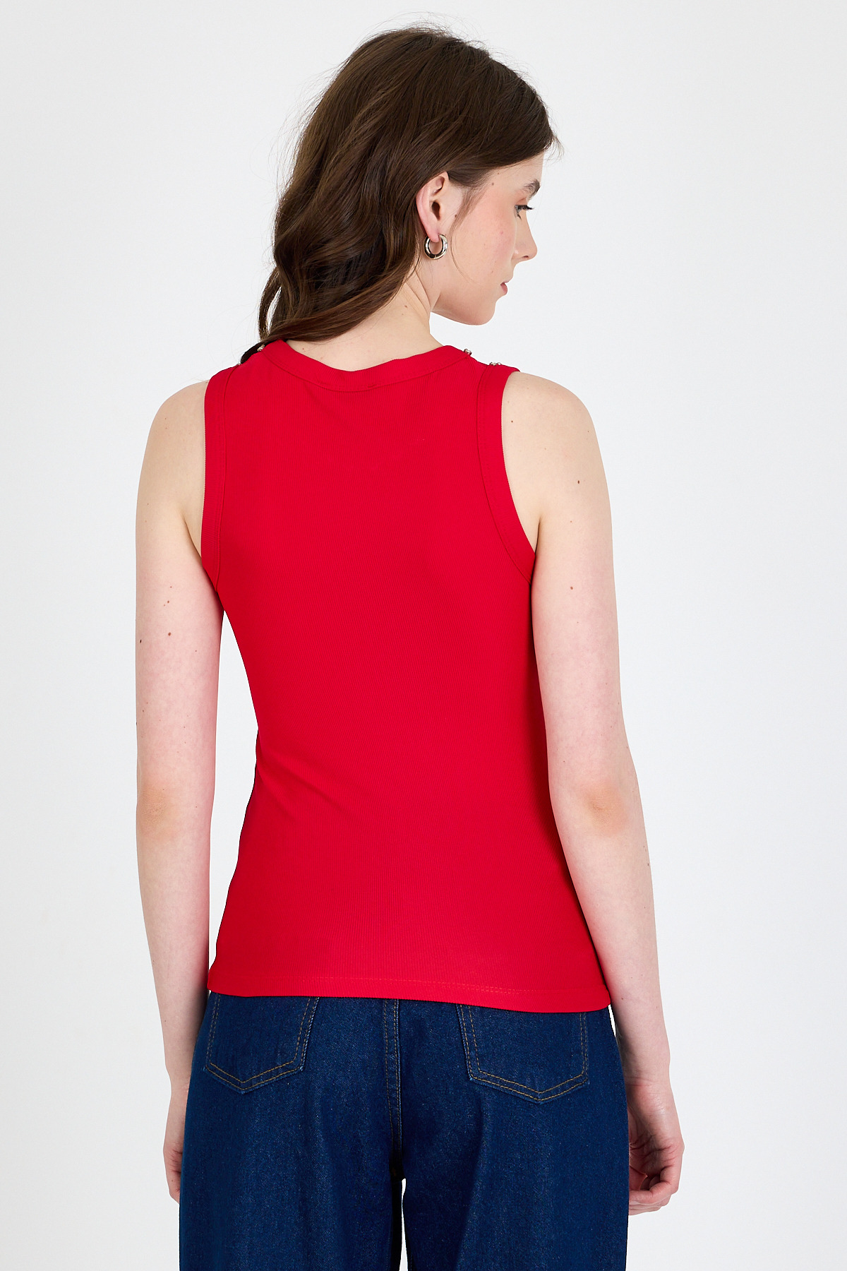 Kırmızı Yaka Ve Omuz Taş Detaylı Ribanalı Örme Atlet 1249 - 5