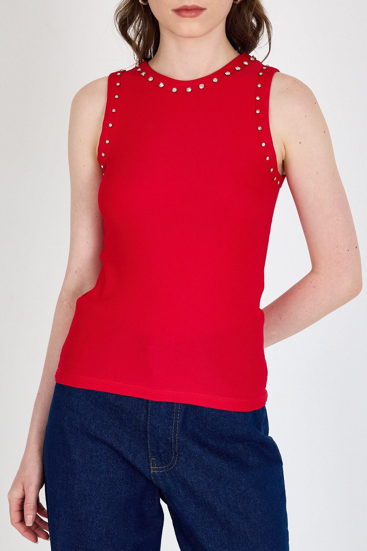 Kırmızı Yaka Ve Omuz Taş Detaylı Ribanalı Örme Atlet 1249 - RAYS