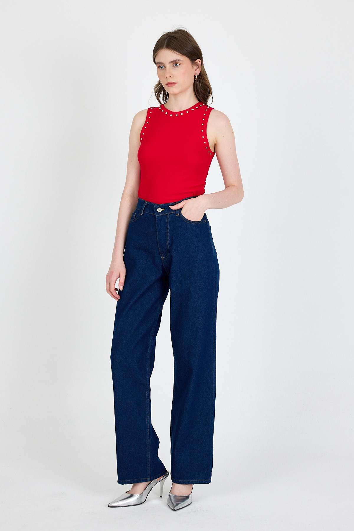 Kırmızı Yaka Ve Omuz Taş Detaylı Ribanalı Örme Atlet 1249 - 6