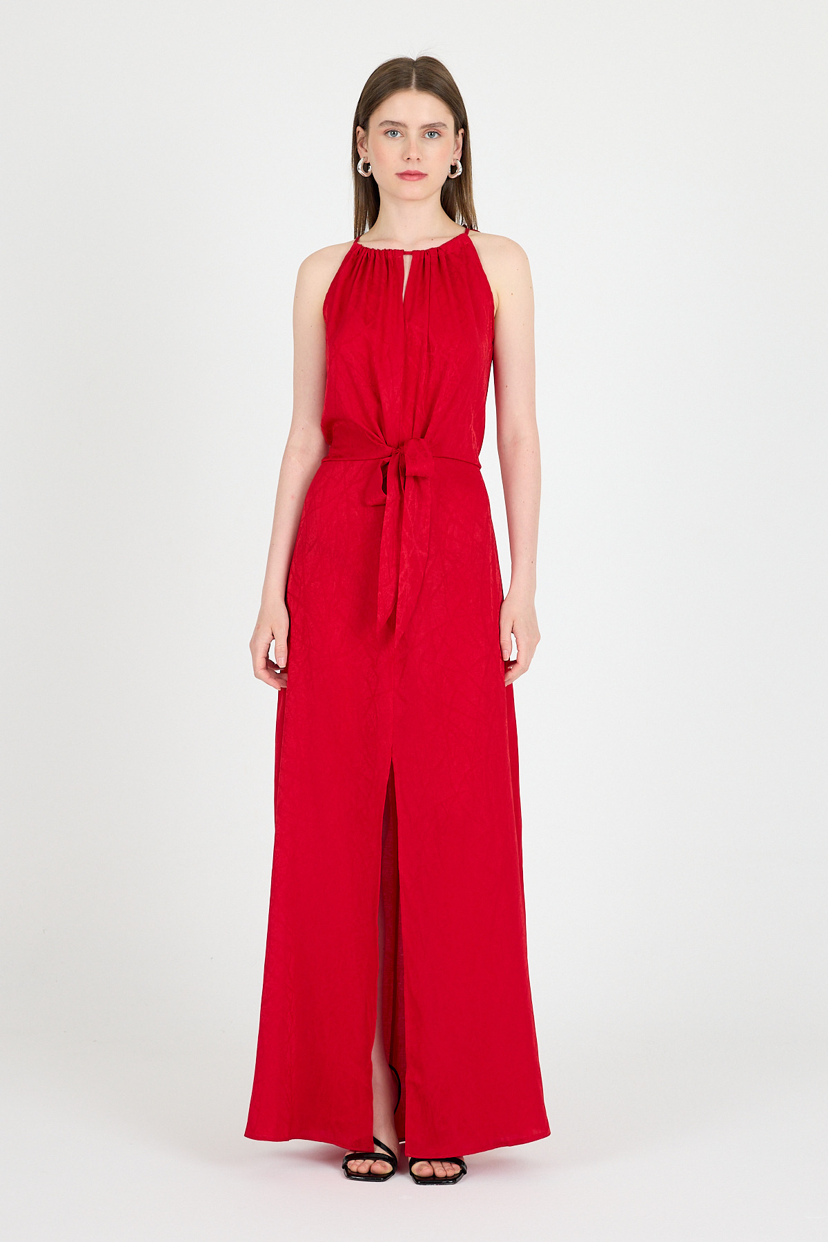 Kırmızı Yırtmaçlı Bağlama Detaylı Desenli Uzun Elbise 251656 