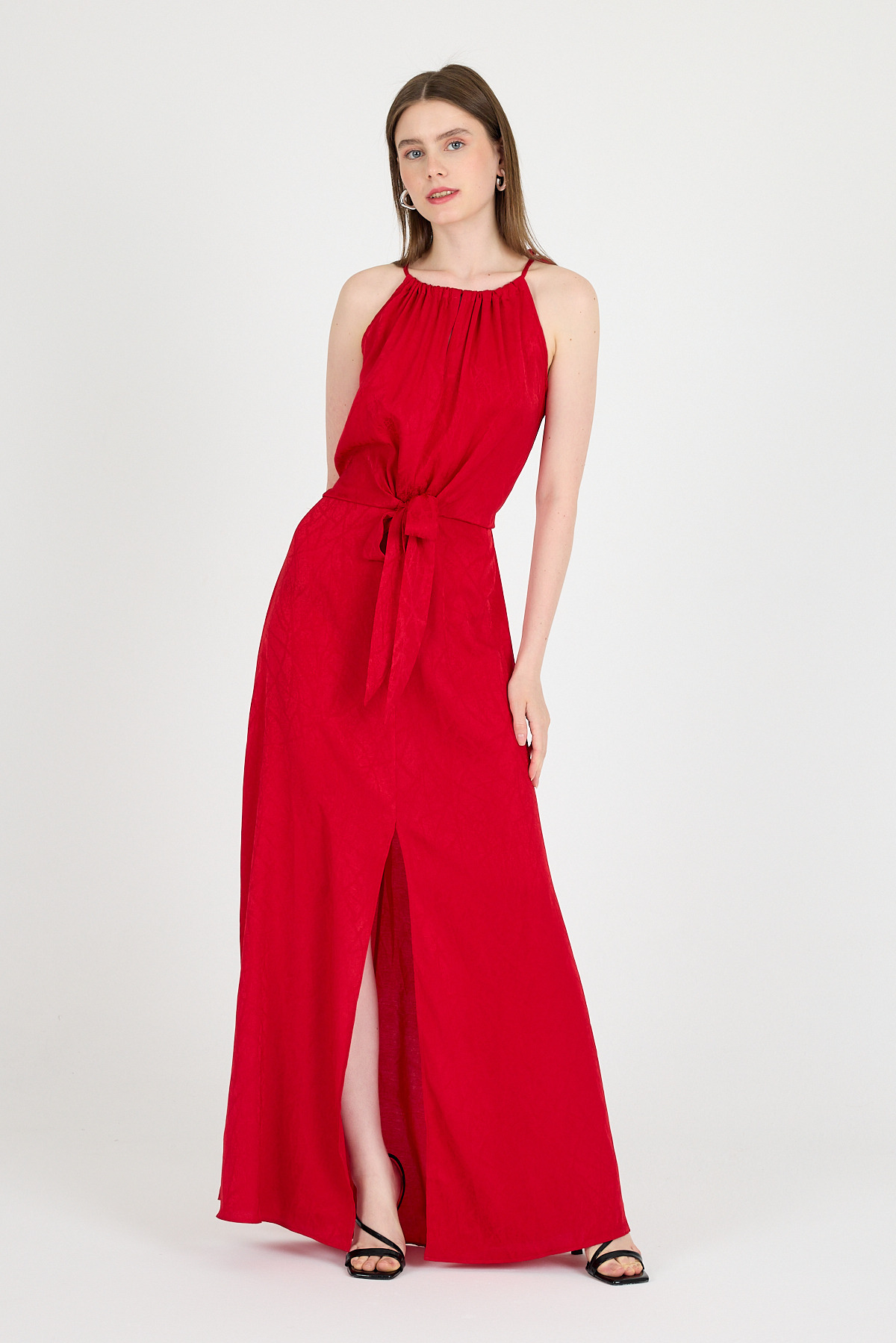 Kırmızı Yırtmaçlı Bağlama Detaylı Desenli Uzun Elbise 251656 - 2