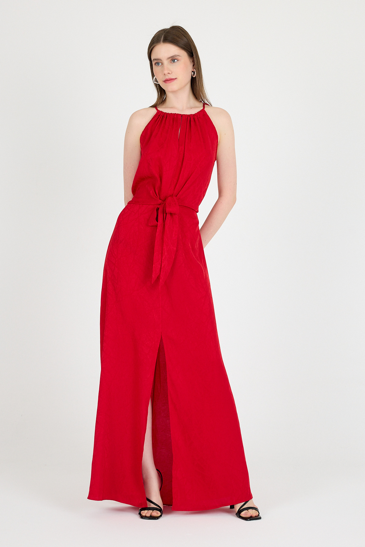 Kırmızı Yırtmaçlı Bağlama Detaylı Desenli Uzun Elbise 251656 - 3