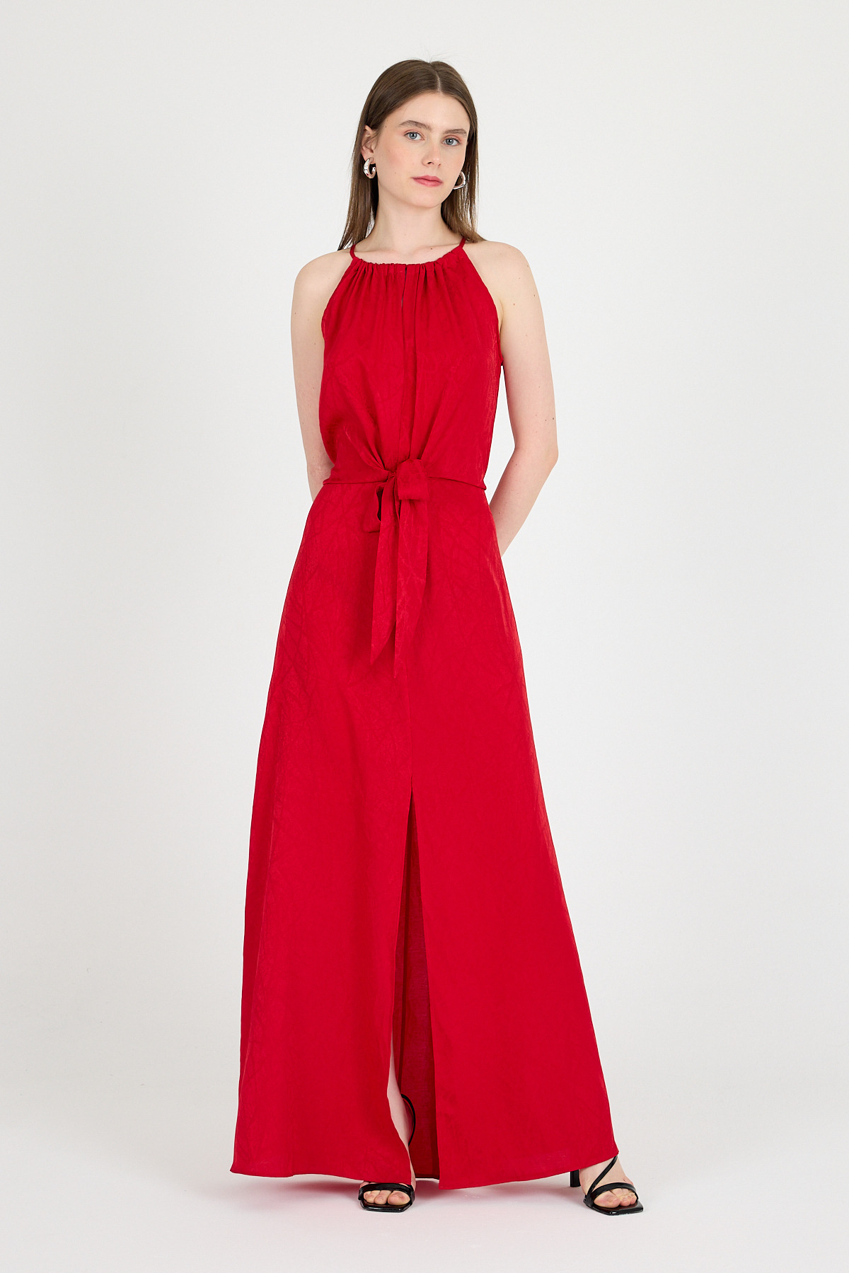 Kırmızı Yırtmaçlı Bağlama Detaylı Desenli Uzun Elbise 251656 - 6