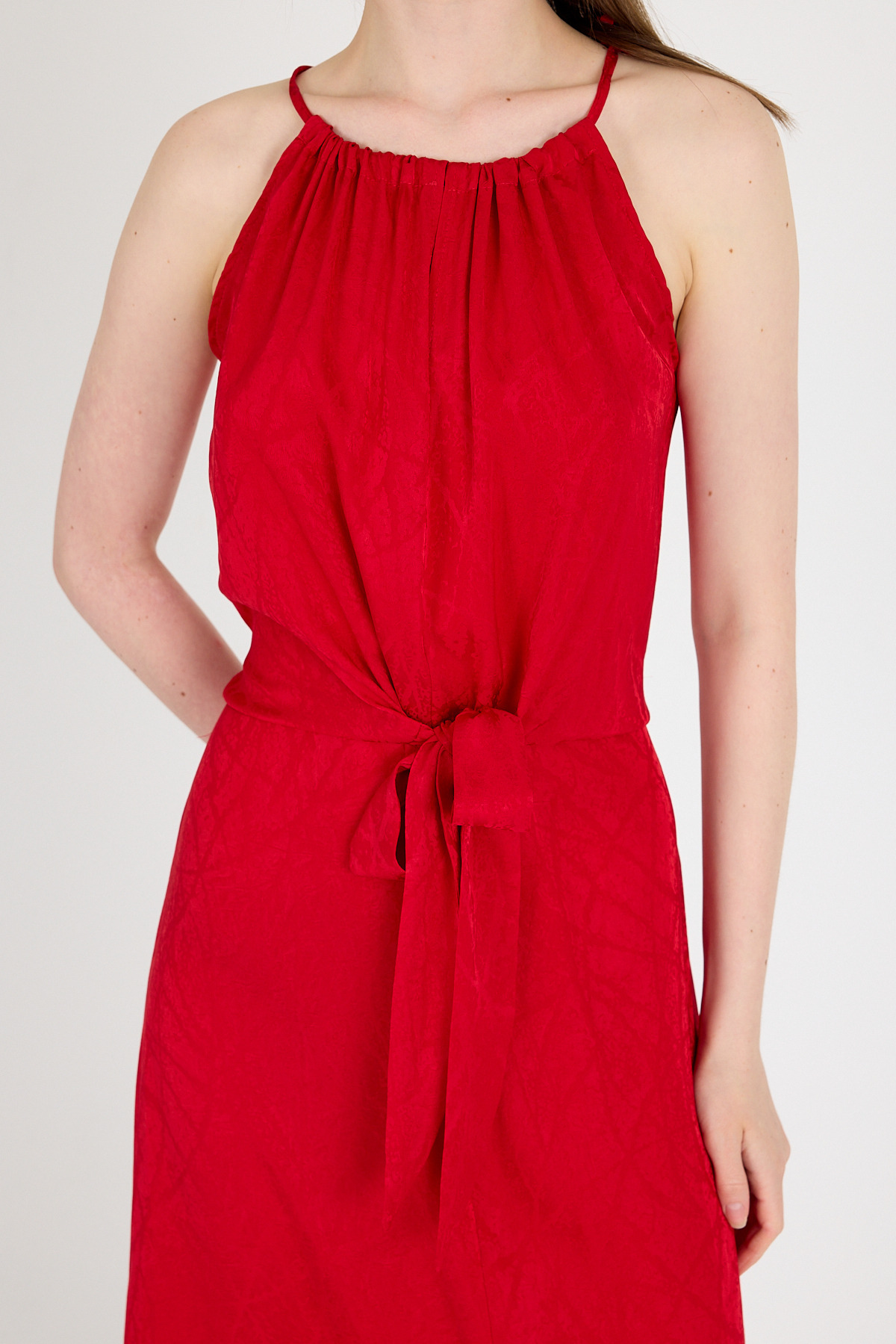 Kırmızı Yırtmaçlı Bağlama Detaylı Desenli Uzun Elbise 251656 - 4