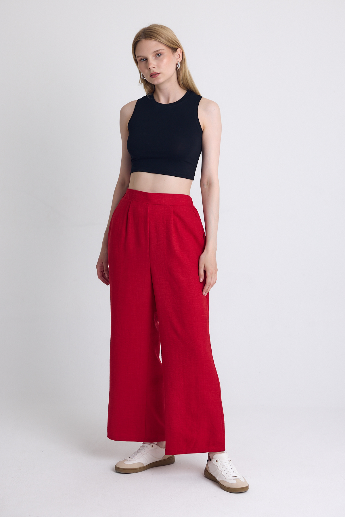 Kırmızı Yüksek Bel Ön Pile Detaylı Pamuklu Bol Paça Pantolon 8014A - RAYS