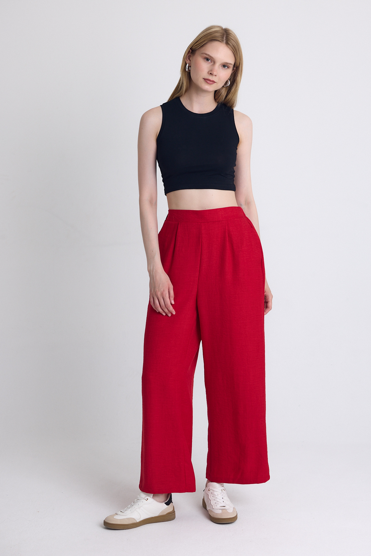 Kırmızı Yüksek Bel Ön Pile Detaylı Pamuklu Bol Paça Pantolon 8014A - RAYS