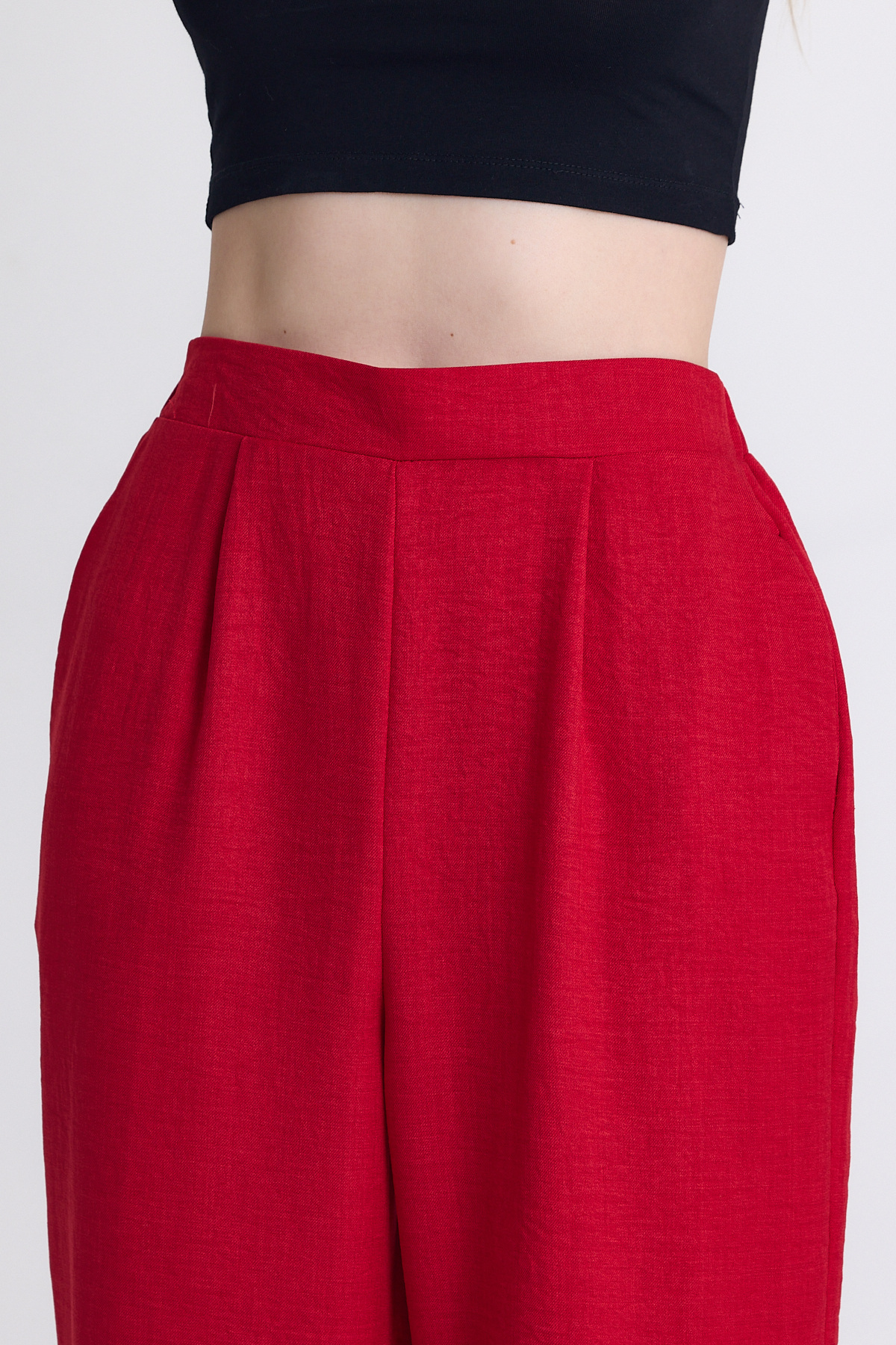 Kırmızı Yüksek Bel Ön Pile Detaylı Pamuklu Bol Paça Pantolon 8014A - RAYS