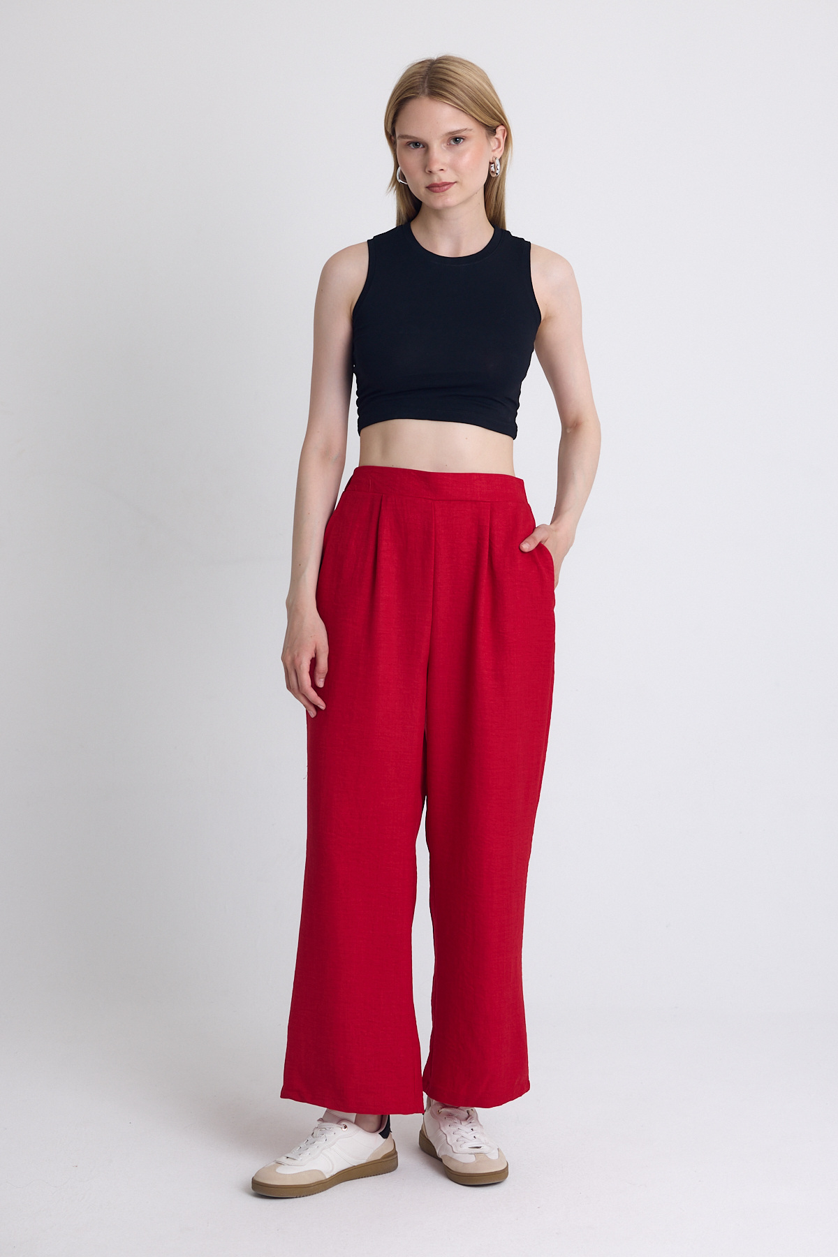 Kırmızı Yüksek Bel Ön Pile Detaylı Pamuklu Bol Paça Pantolon 8014A 