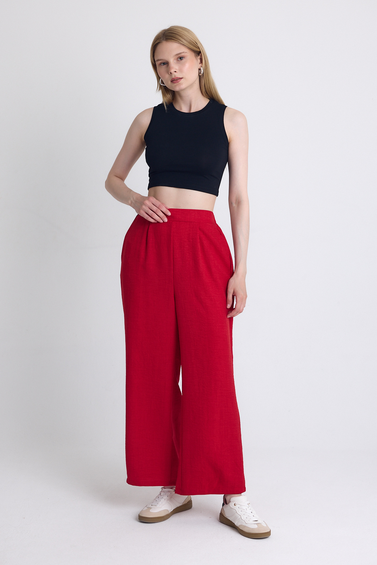Kırmızı Yüksek Bel Ön Pile Detaylı Pamuklu Bol Paça Pantolon 8014A - 6