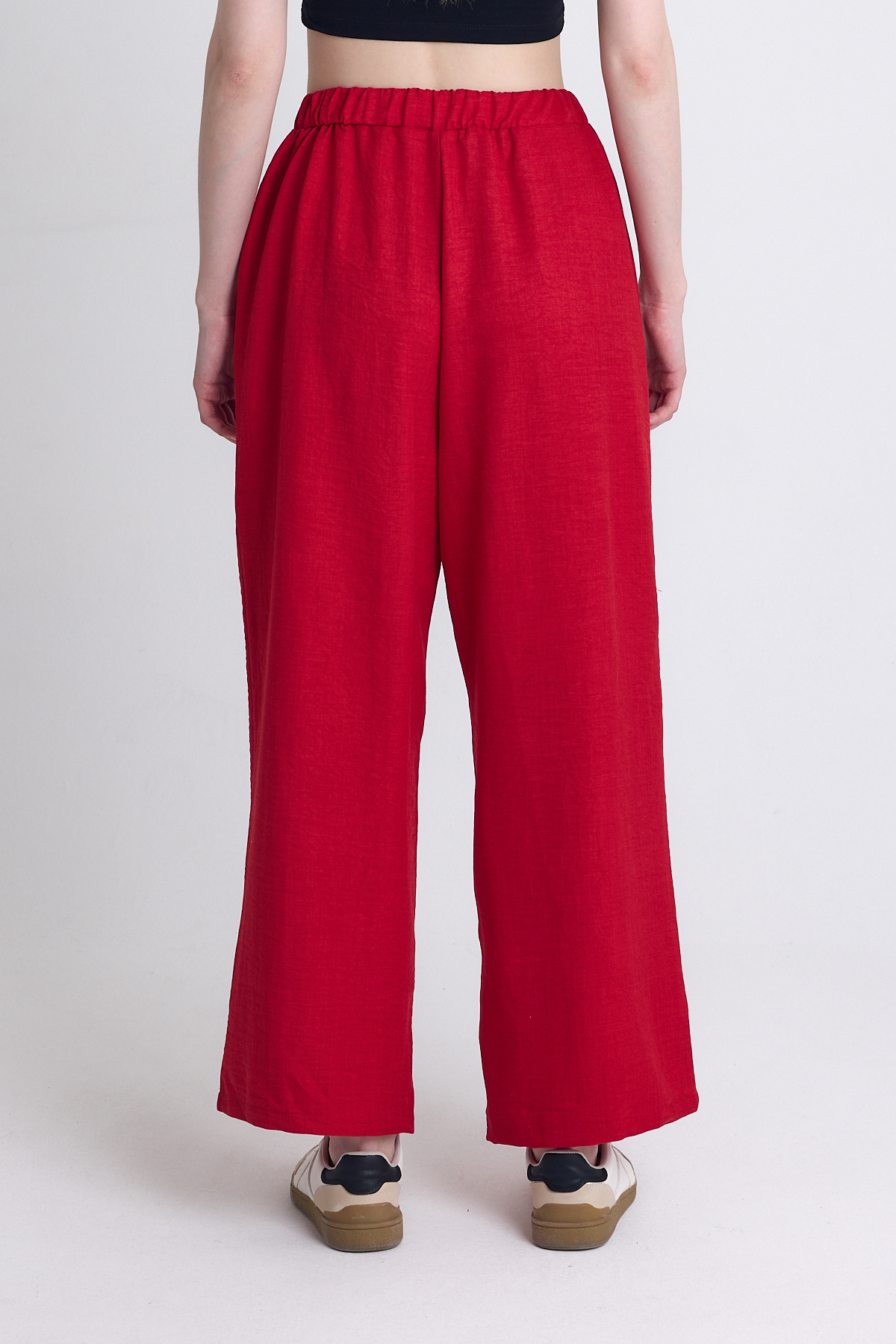 Kırmızı Yüksek Bel Ön Pile Detaylı Pamuklu Bol Paça Pantolon 8014A - 5