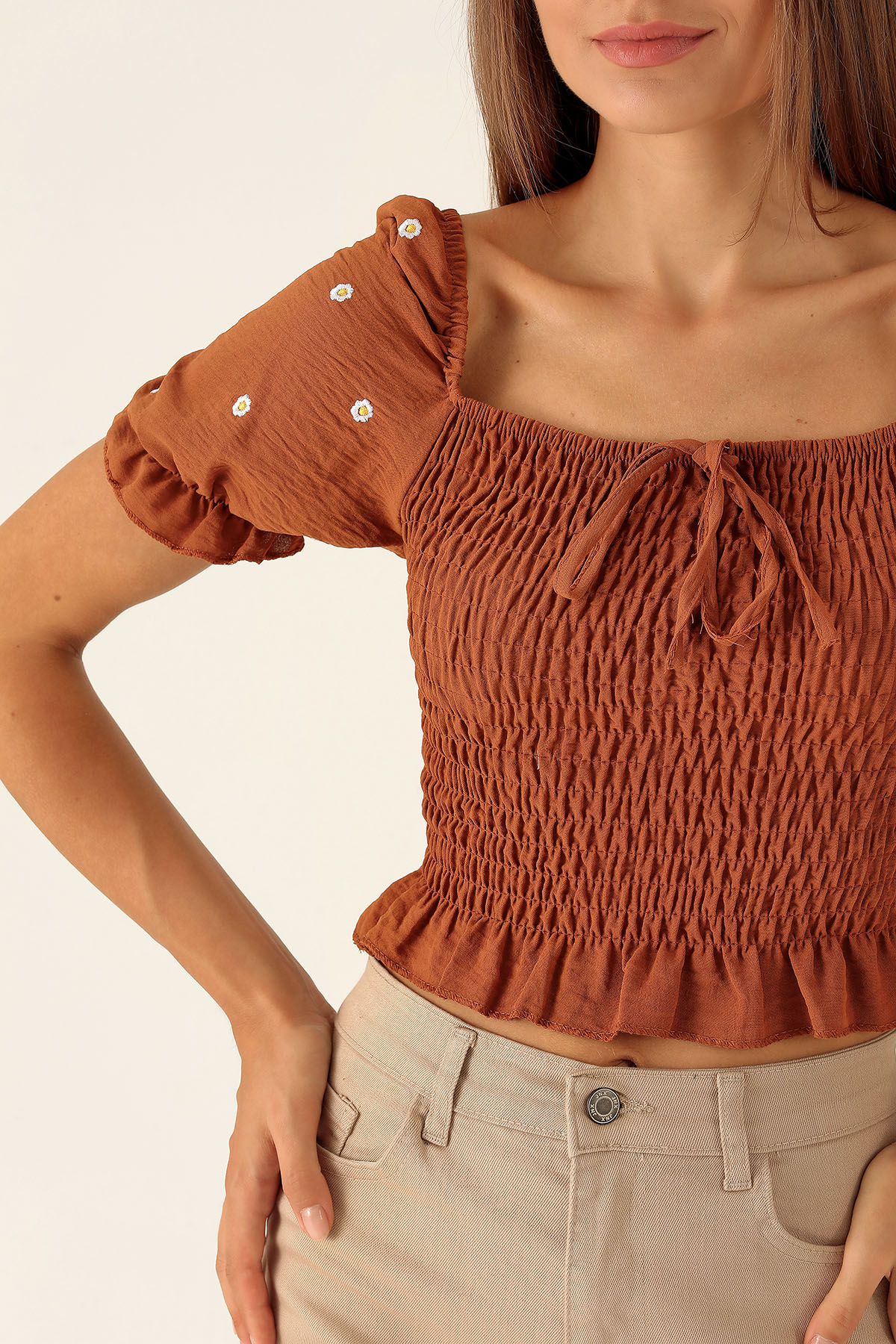 Kol Çiçek Detay Bluz - 8152 Kiremit - 6