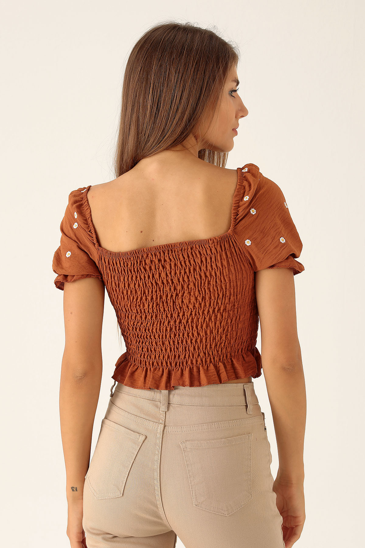 Kol Çiçek Detay Bluz - 8152 Kiremit - 5