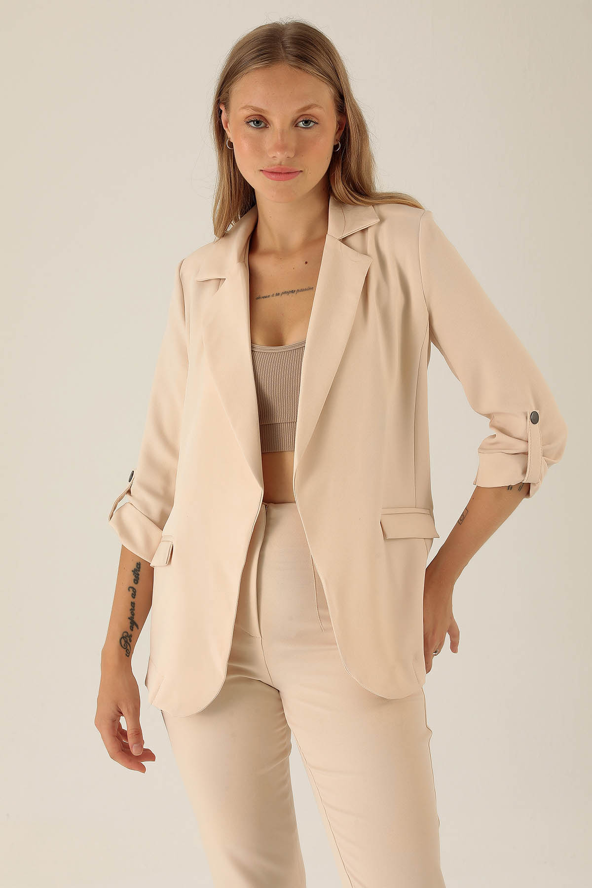 Kol Düğme Detay Ceket - 9013A Taş - 1