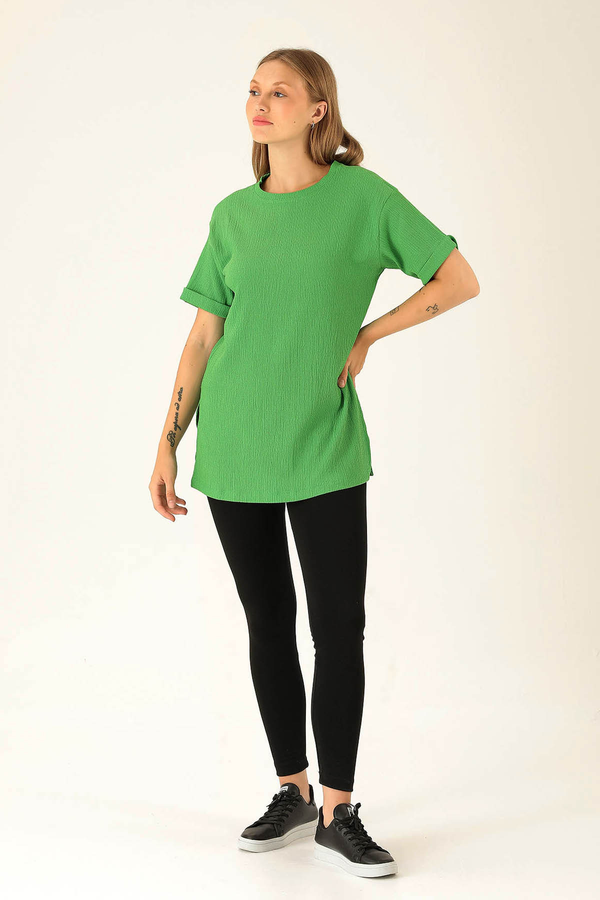 Kol Katlama Oversize Bayan Bluz - 6834A Benetton Yeşili - 3