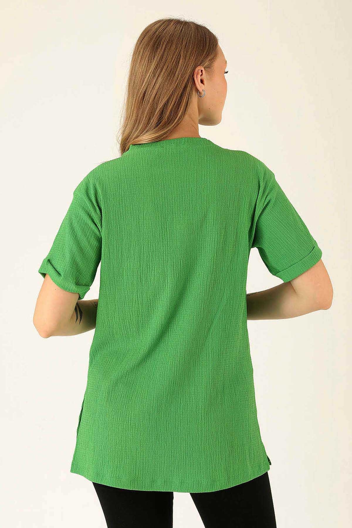 Kol Katlama Oversize Bayan Bluz - 6834A Benetton Yeşili - 5