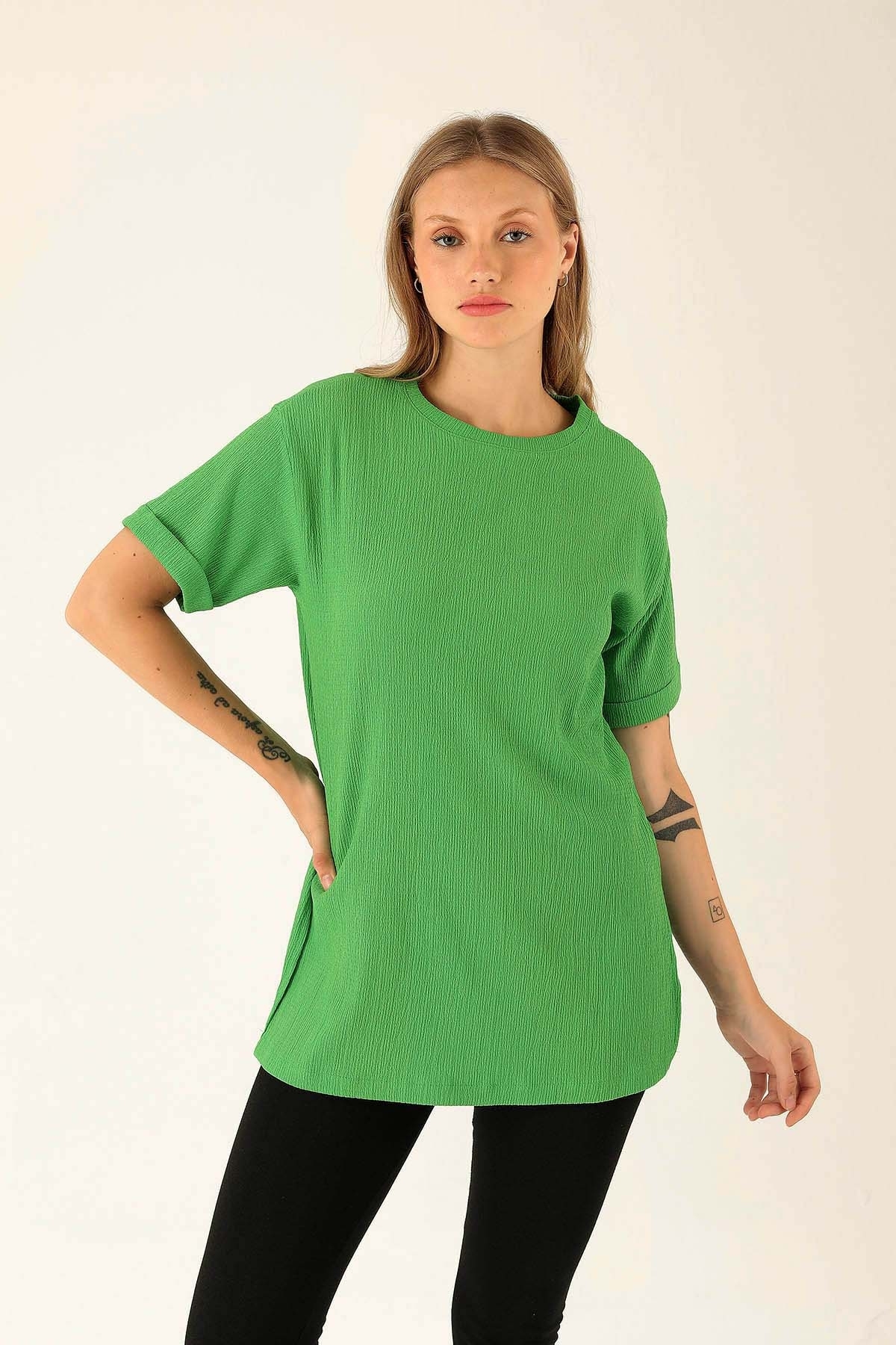 Kol Katlama Oversize Bayan Bluz - 6834A Benetton Yeşili 