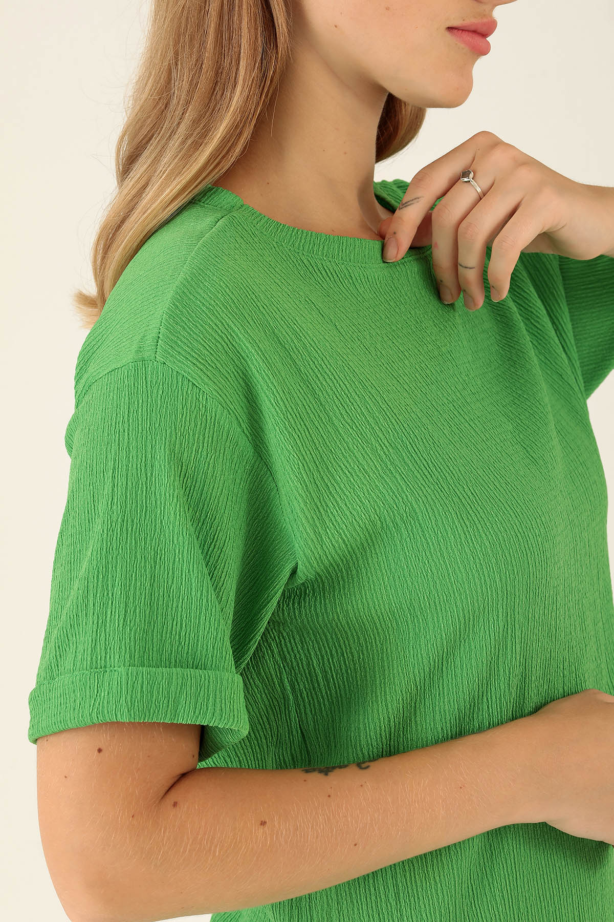 Kol Katlama Oversize Bayan Bluz - 6834A Benetton Yeşili - 6