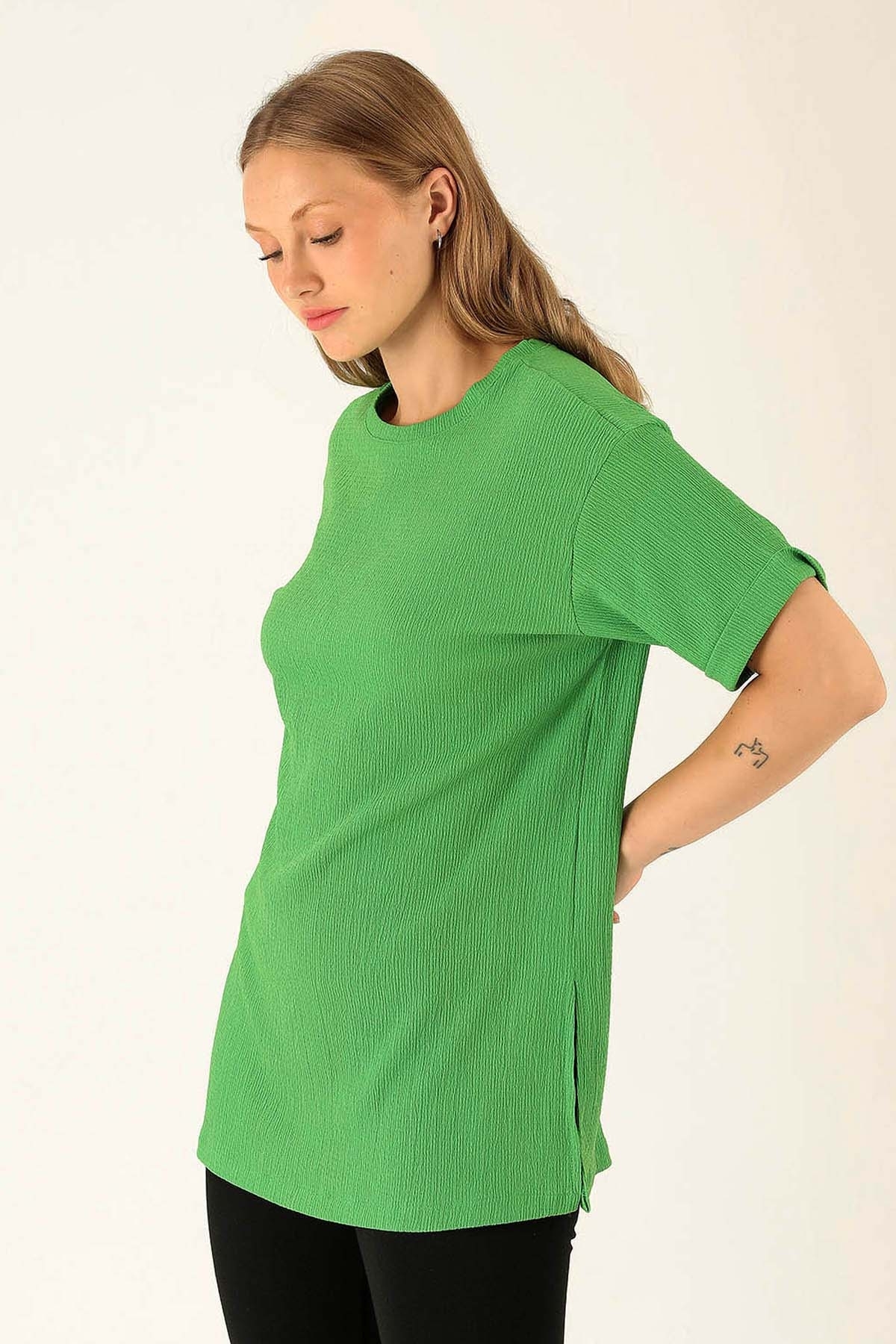 Kol Katlama Oversize Bayan Bluz - 6834A Benetton Yeşili - 2