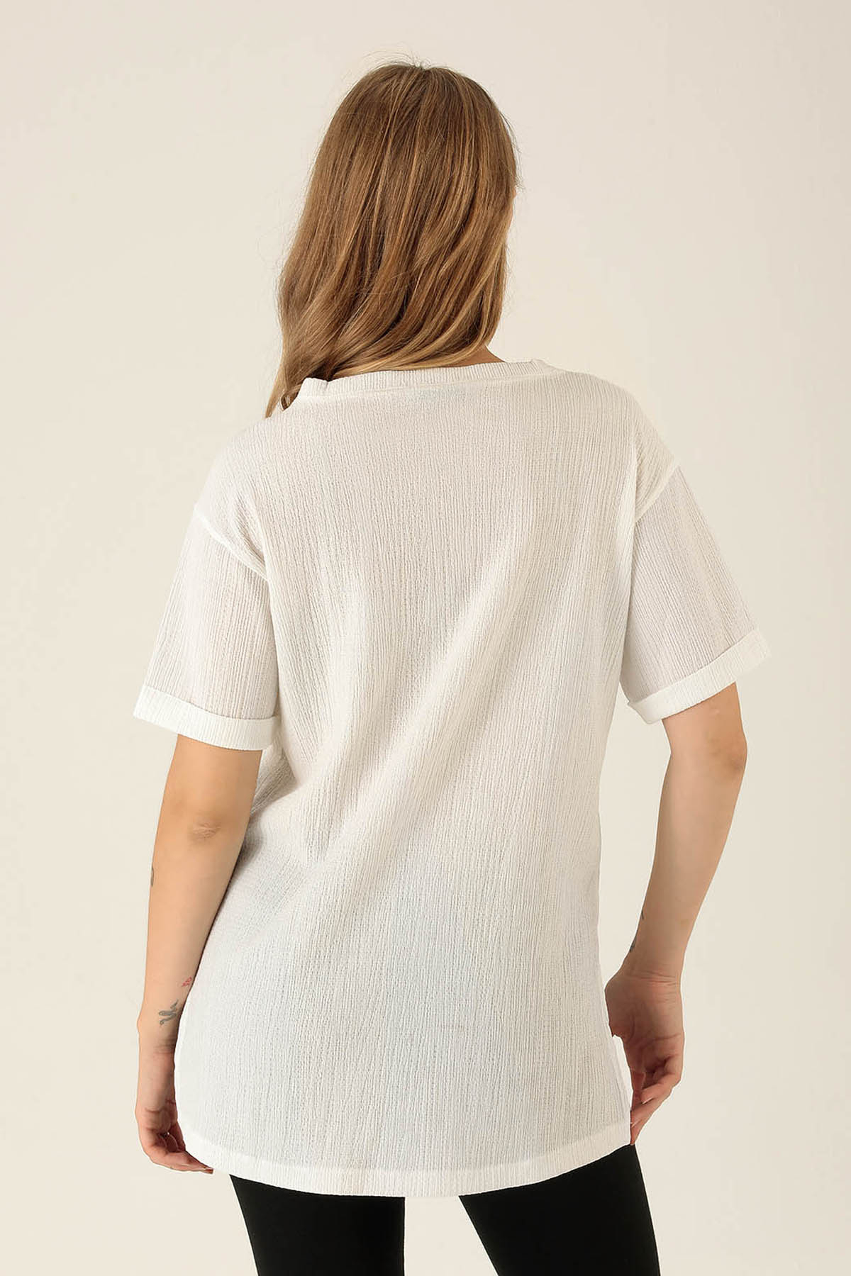 Kol Katlama Oversize Bayan Bluz - 6834A Beyaz - 5