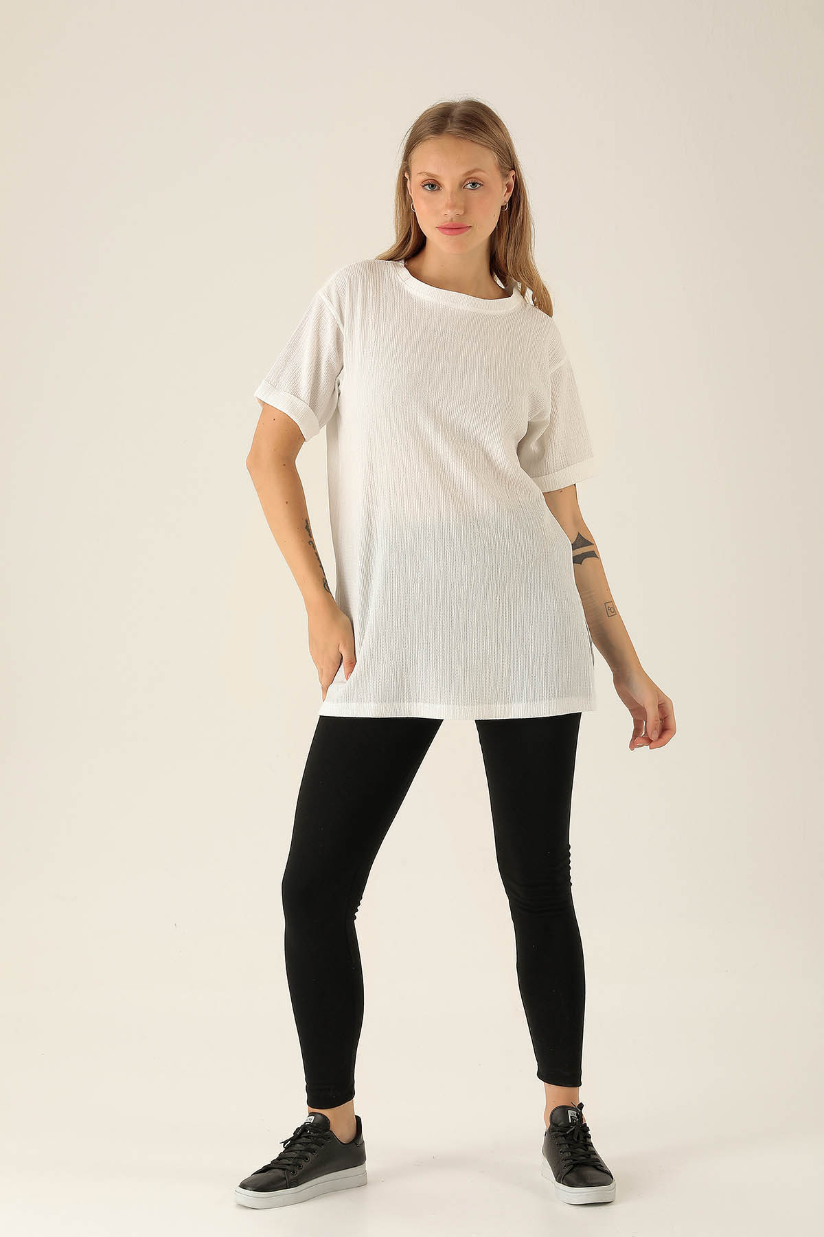 Kol Katlama Oversize Bayan Bluz - 6834A Beyaz - 3