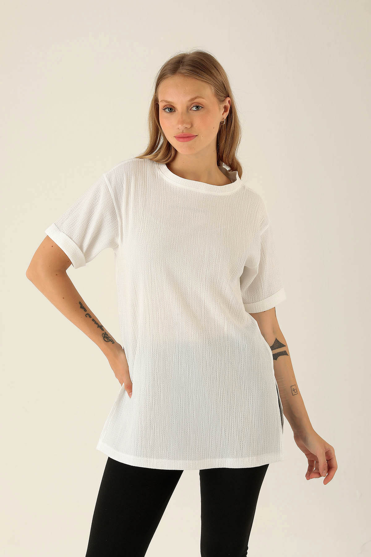 Kol Katlama Oversize Bayan Bluz - 6834A Beyaz - 2