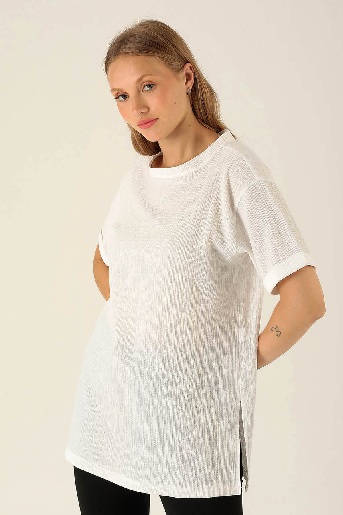 Kol Katlama Oversize Bayan Bluz - 6834A Beyaz 