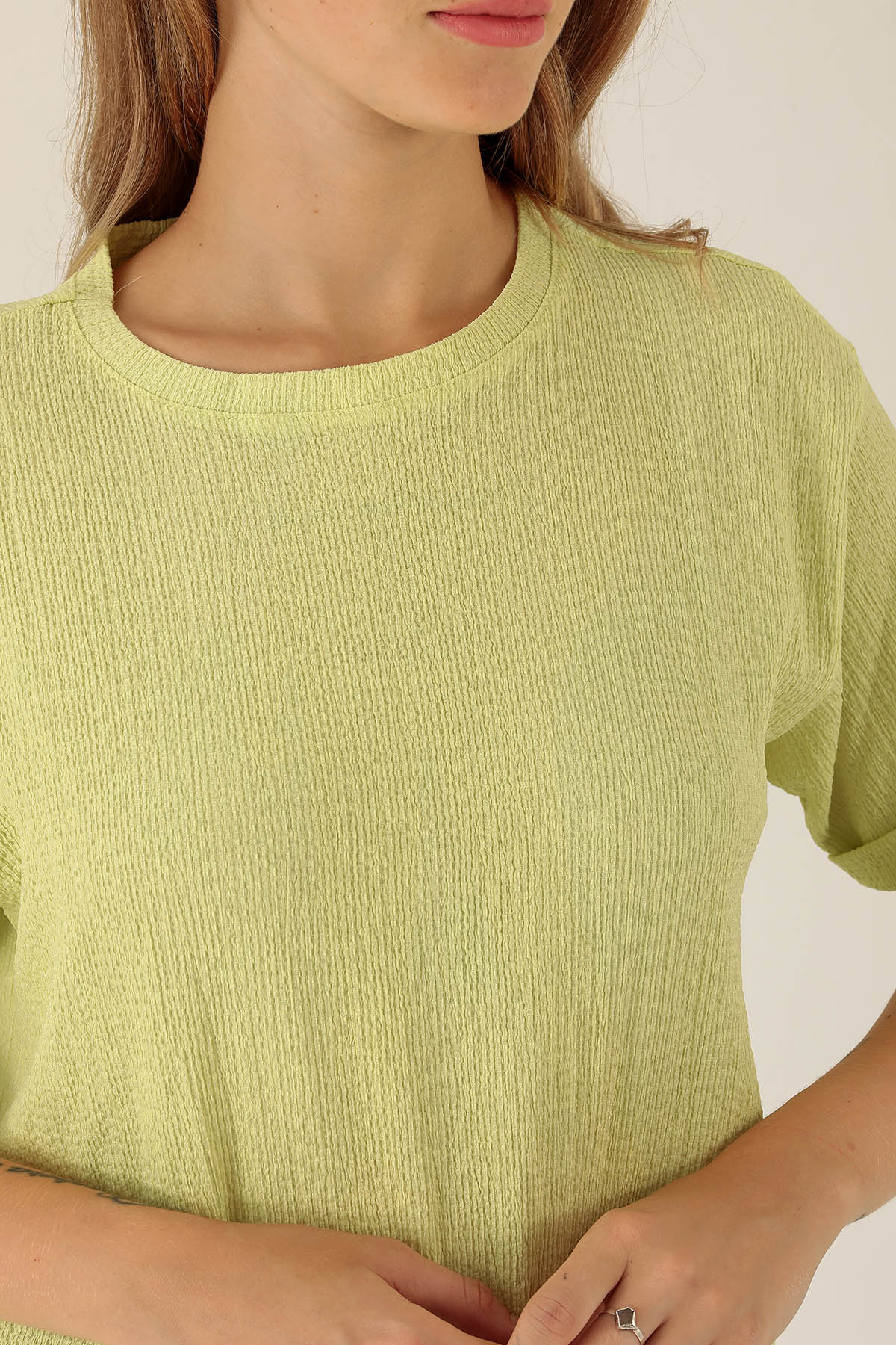 Kol Katlama Oversize Bayan Bluz - 6834A Fıstık Yeşili - 6