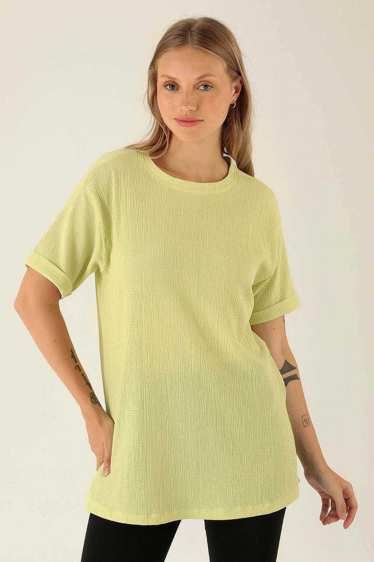 Kol Katlama Oversize Bayan Bluz - 6834A Fıstık Yeşili 