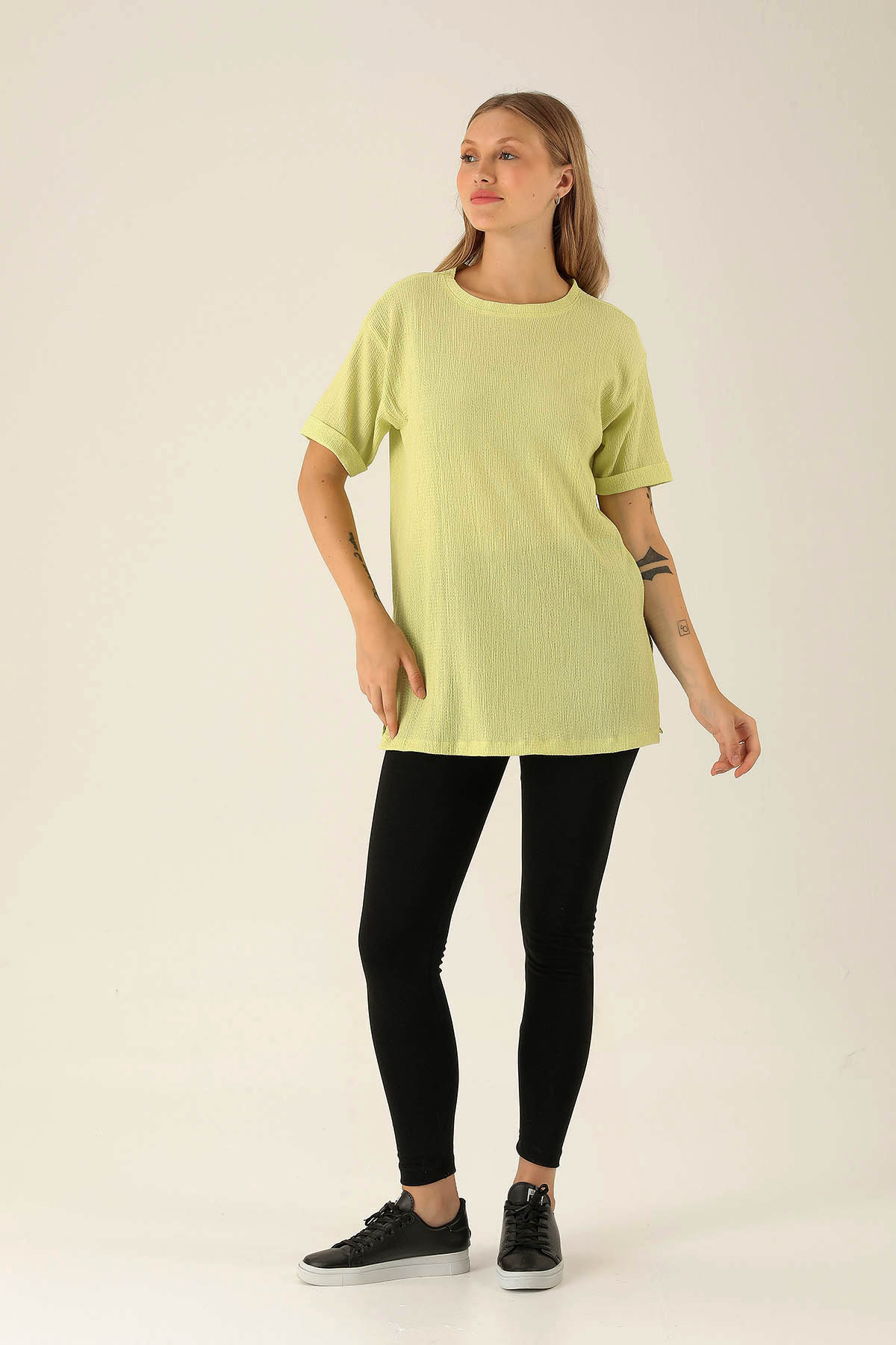 Kol Katlama Oversize Bayan Bluz - 6834A Fıstık Yeşili - 3